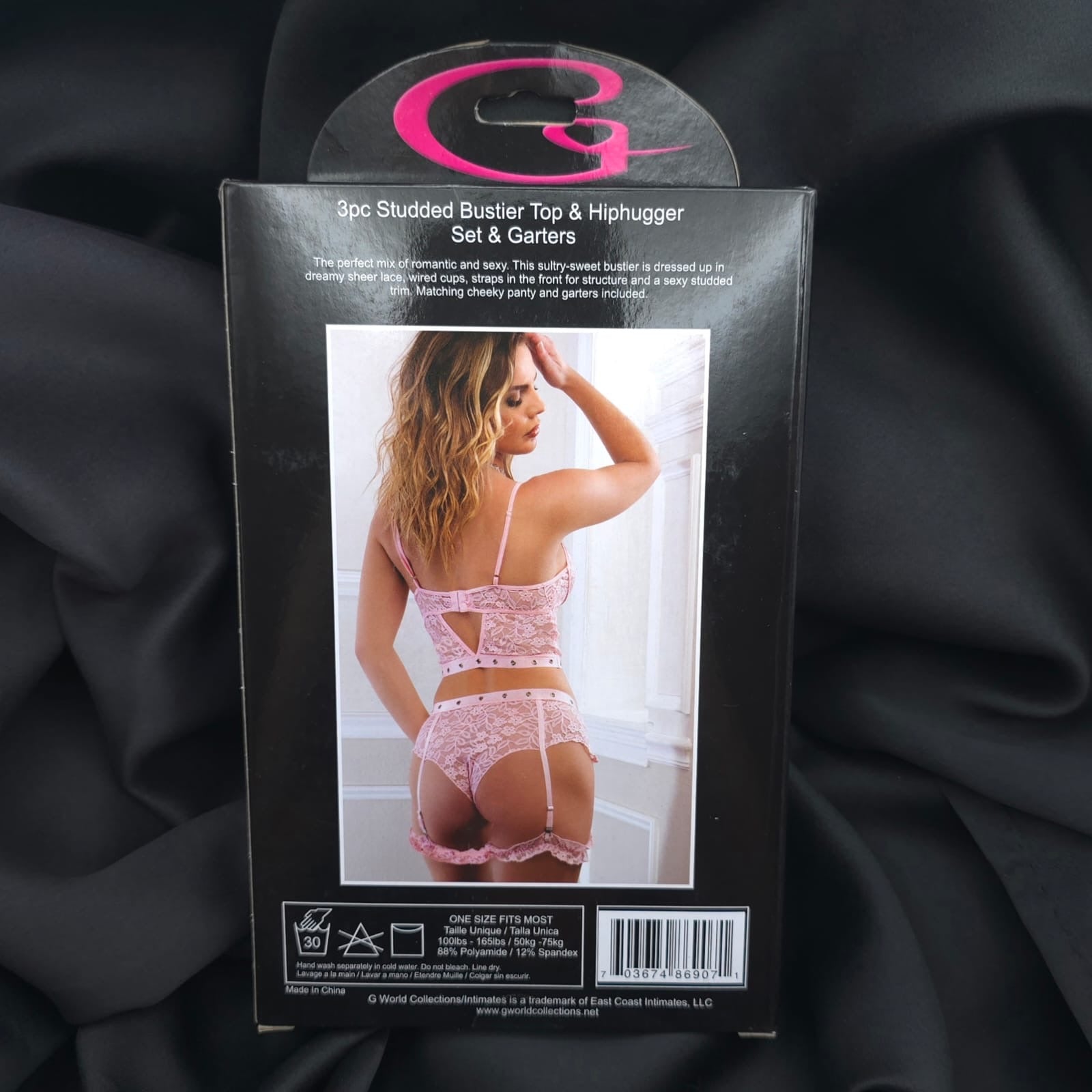 3pc Studded Lace Bustier Set Hiphugger Panty & Garters Pin