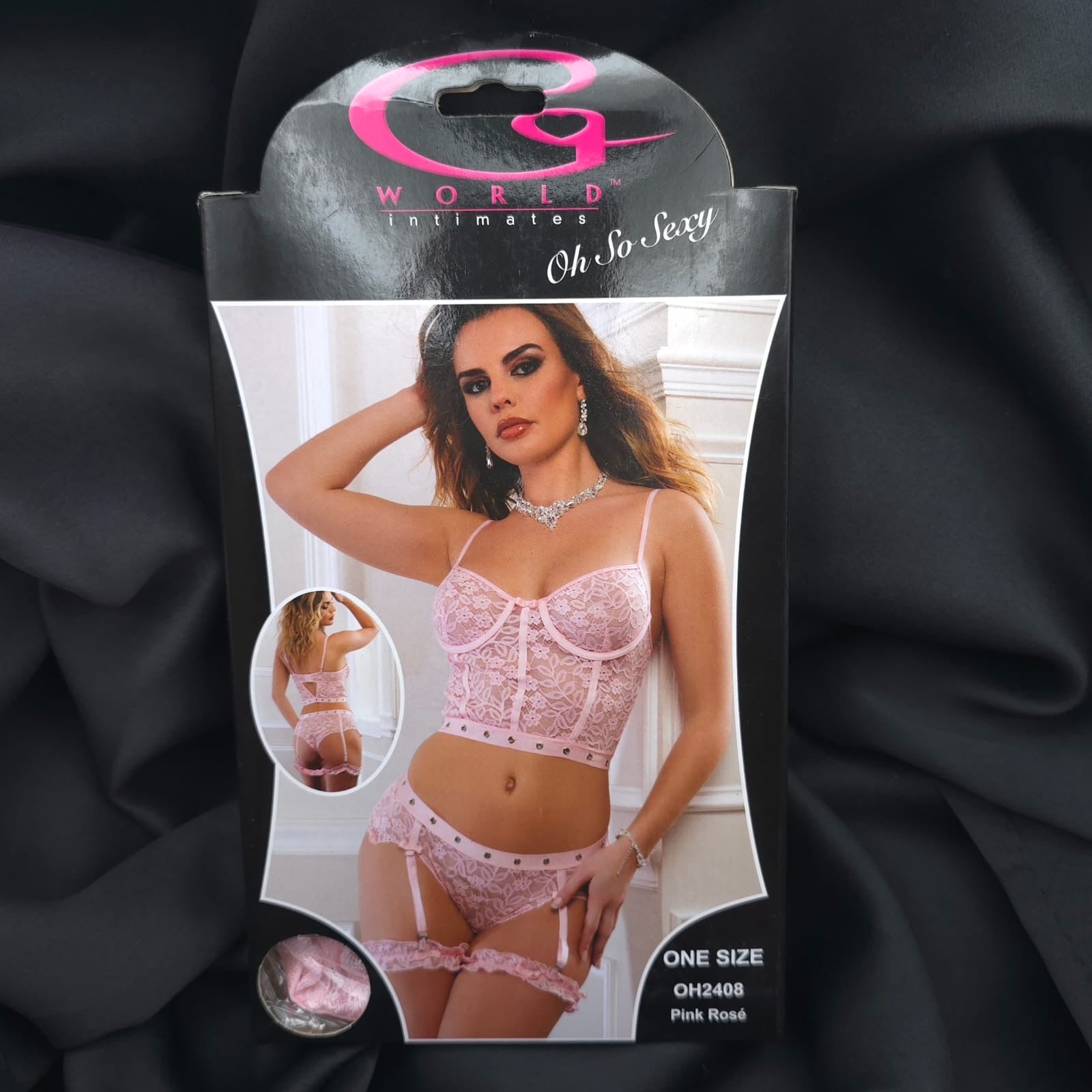 3pc Studded Lace Bustier Set Hiphugger Panty & Garters Pin