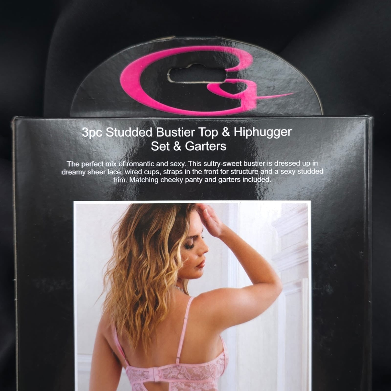 3pc Studded Lace Bustier Set Hiphugger Panty & Garters Pin
