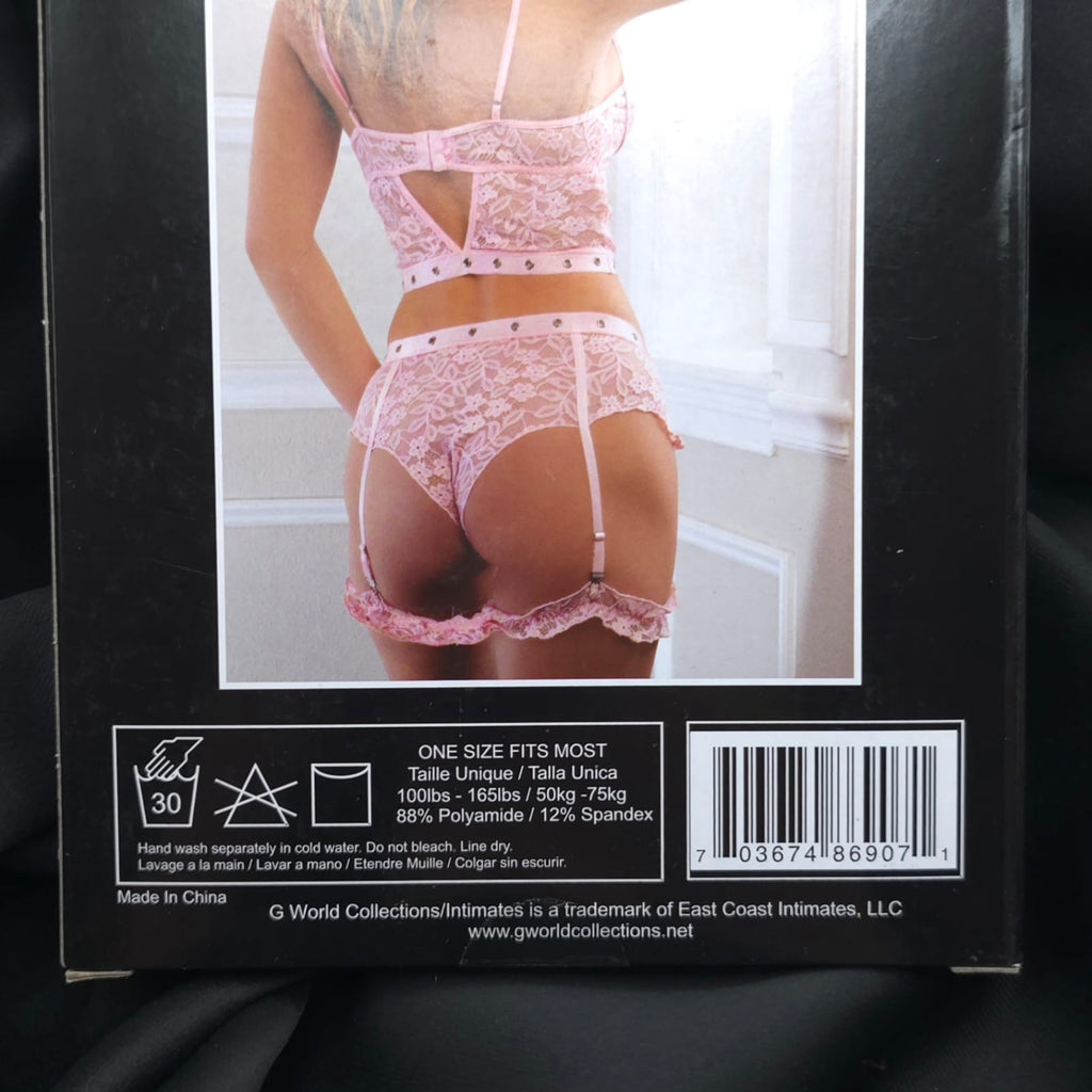 3pc Studded Lace Bustier Set Hiphugger Panty & Garters Pin