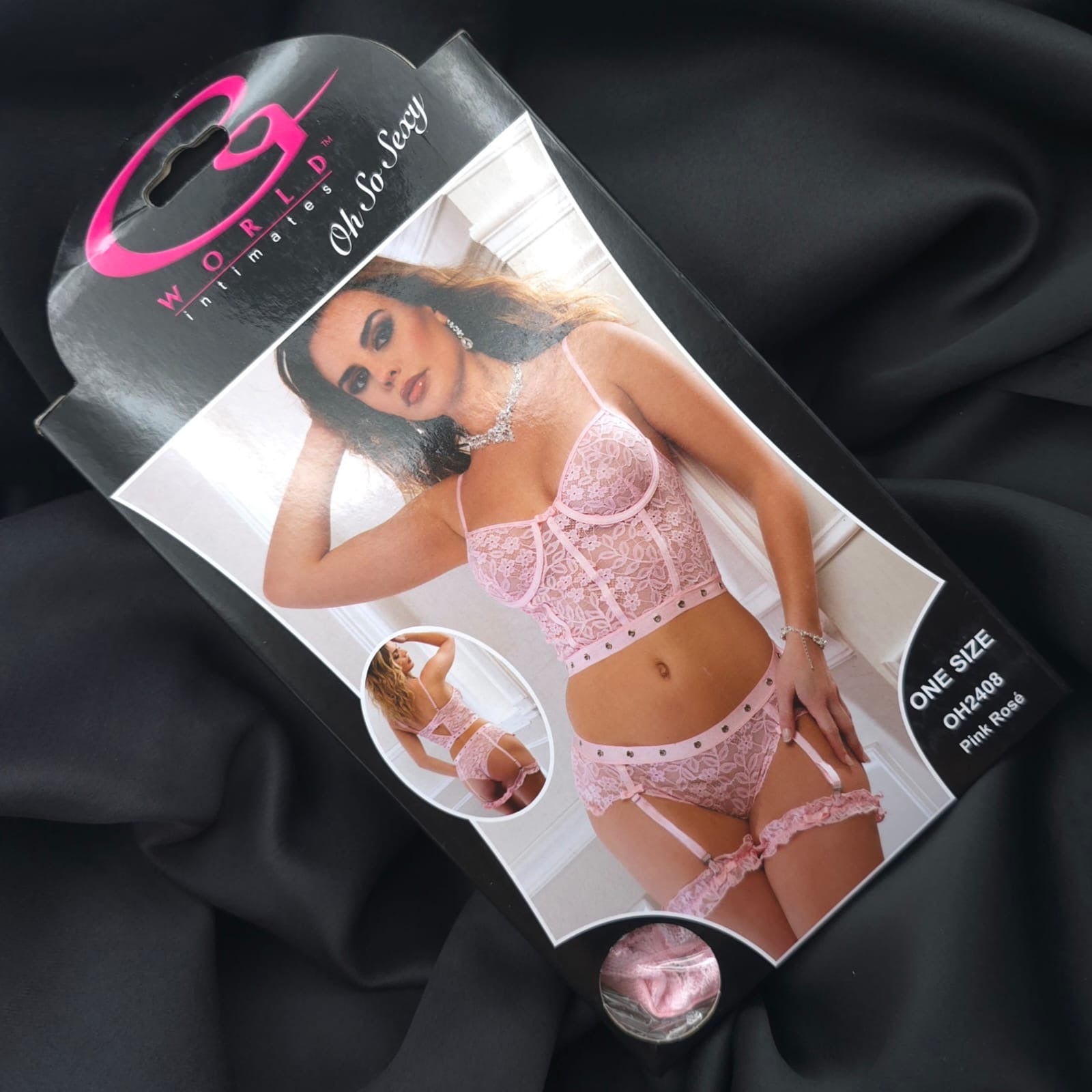 3pc Studded Lace Bustier Set Hiphugger Panty & Garters Pin