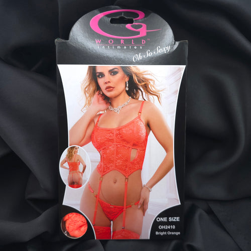 3pc Sheer Lace Garter Bustier Set  Bright Orange Lingerie, One Size