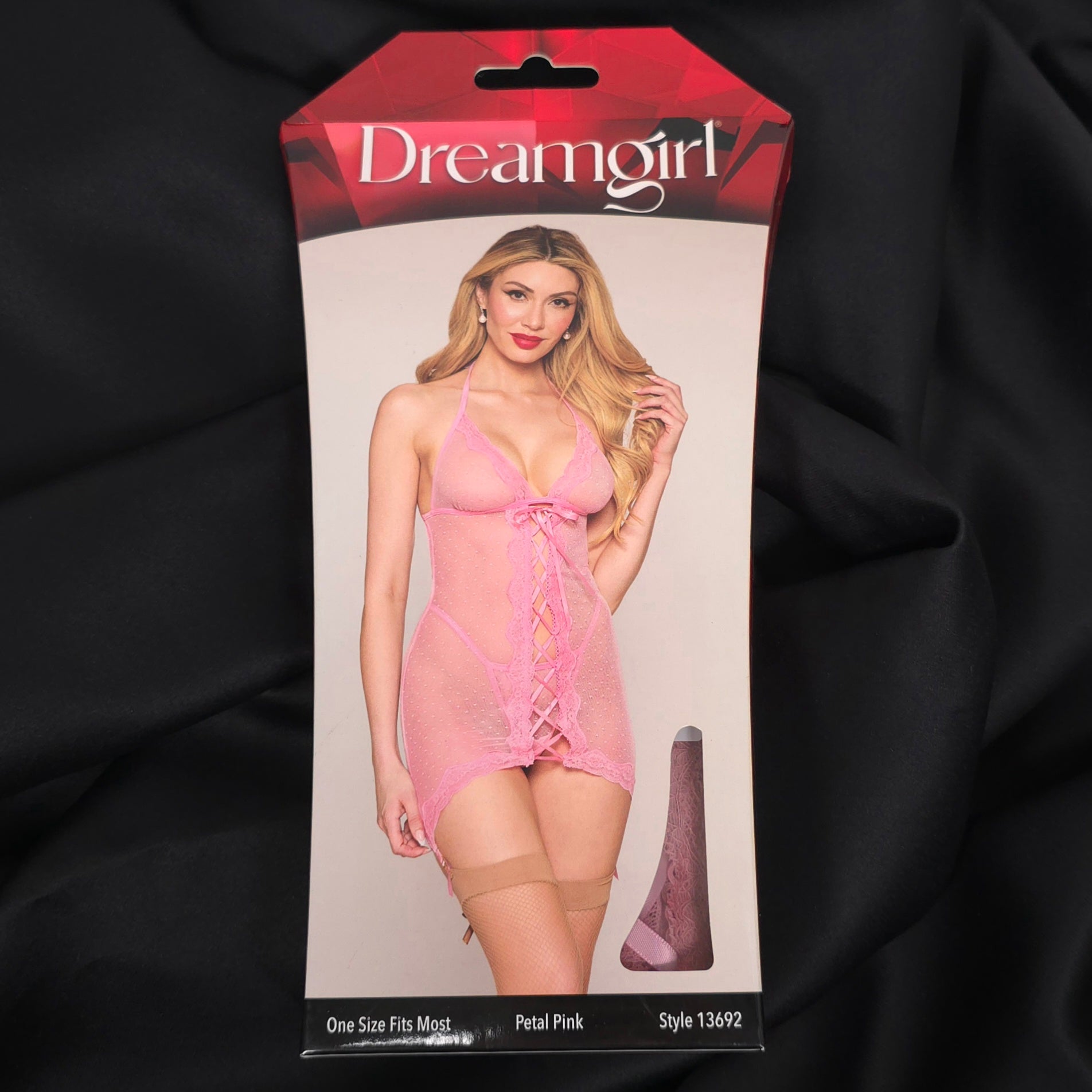 Dreamgirl Petal Pink Polka Dot Mesh Lace-Up Garter Slip with Matching G-String