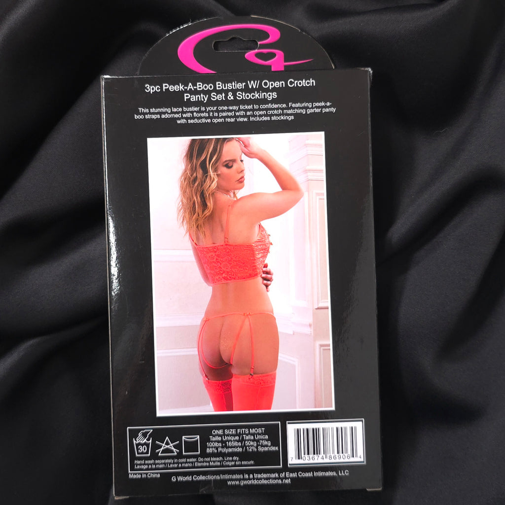 Neon Orange Lace Peek-A-Boo Bustier Set with Open-Crotch Garter Panty & Stockings