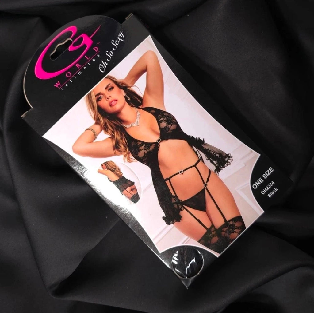 4pc Lace Flyaway Halter Babydoll Set with Garter Belt, Thong & Stockings – O/S