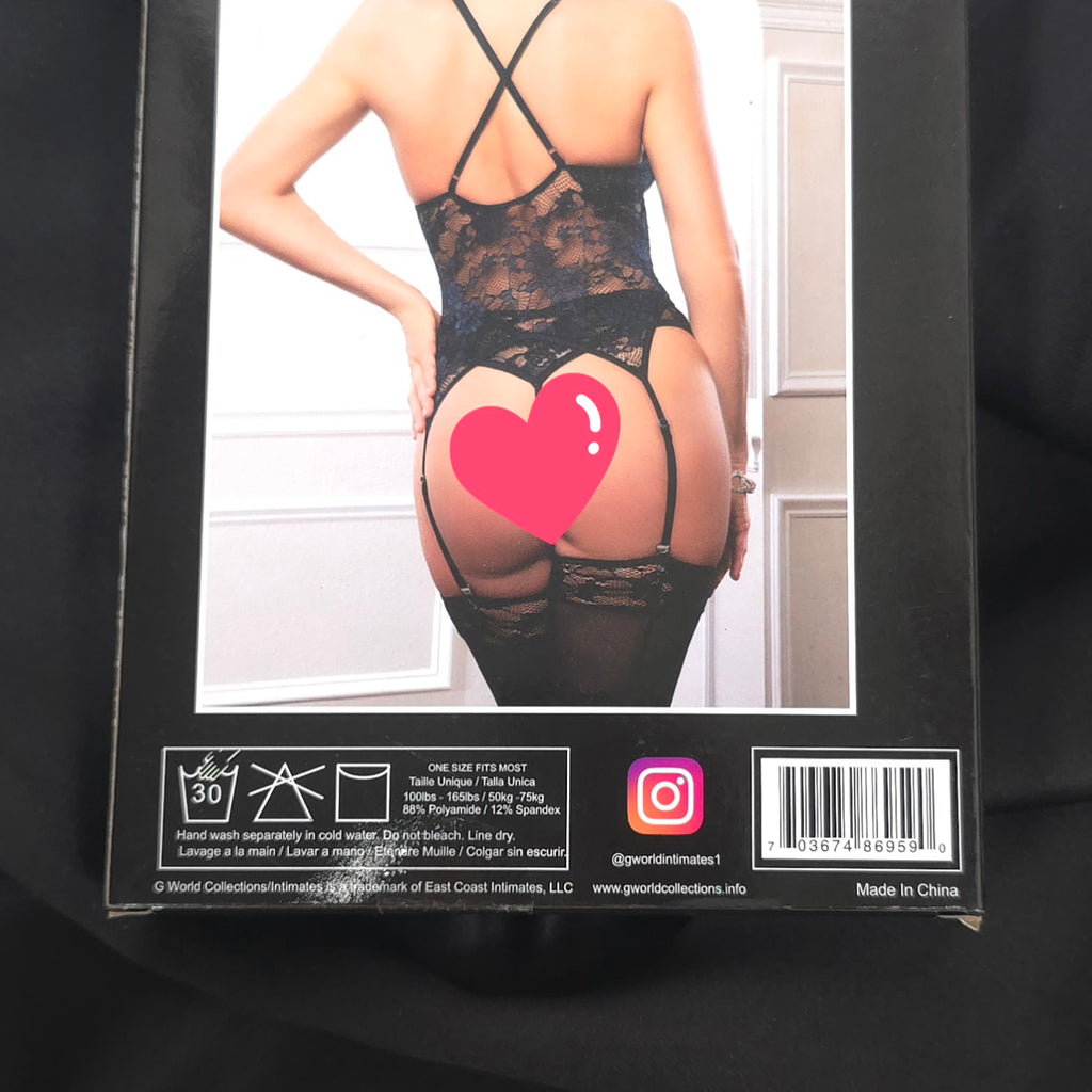 G World Intimates Floral Fishnet Bodysuit with Red Cuff Accessories – One Size