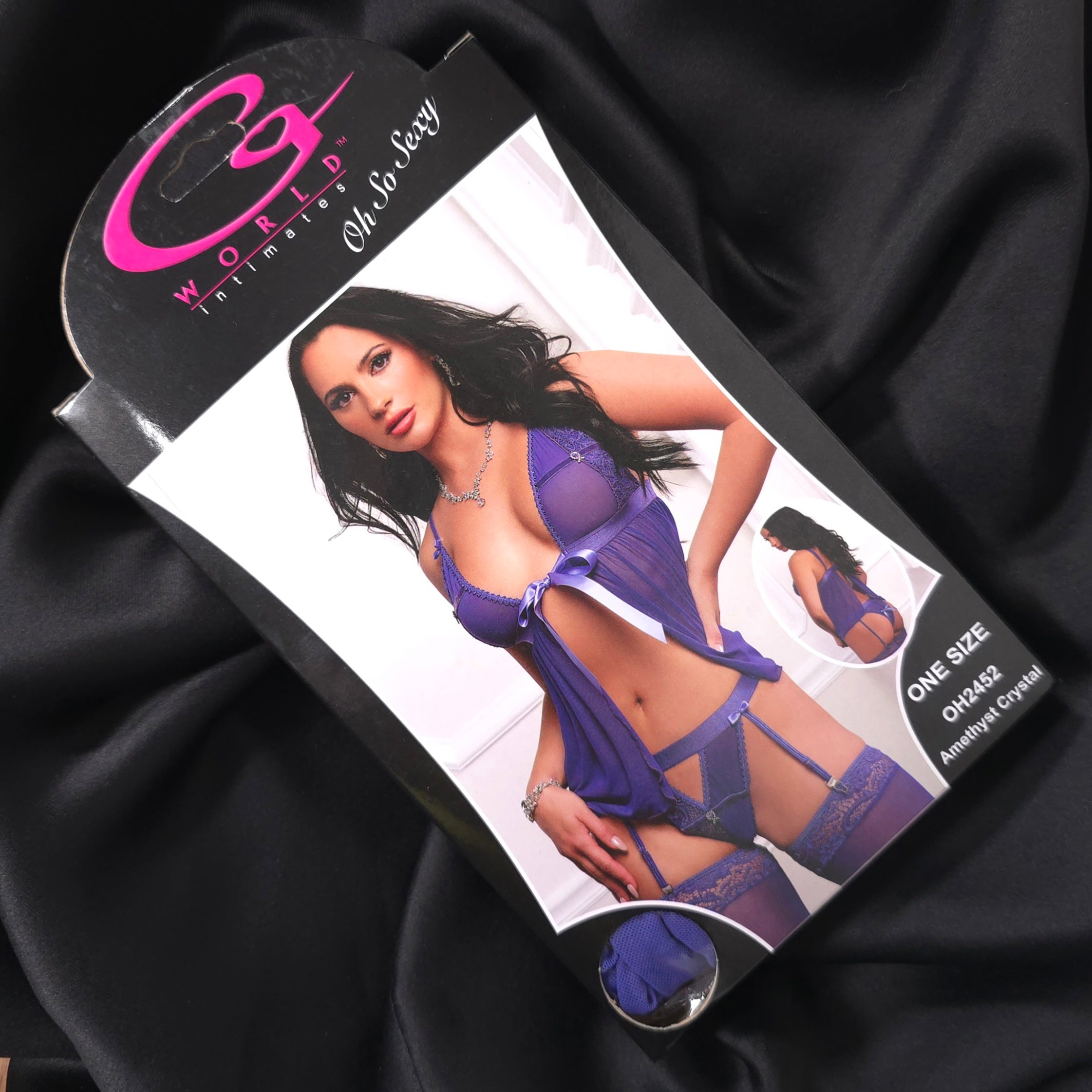 G World Amethyst Crystal 3-Piece Flyaway Babydoll Set – Tie Front, Lace Thong & Garters – One Size