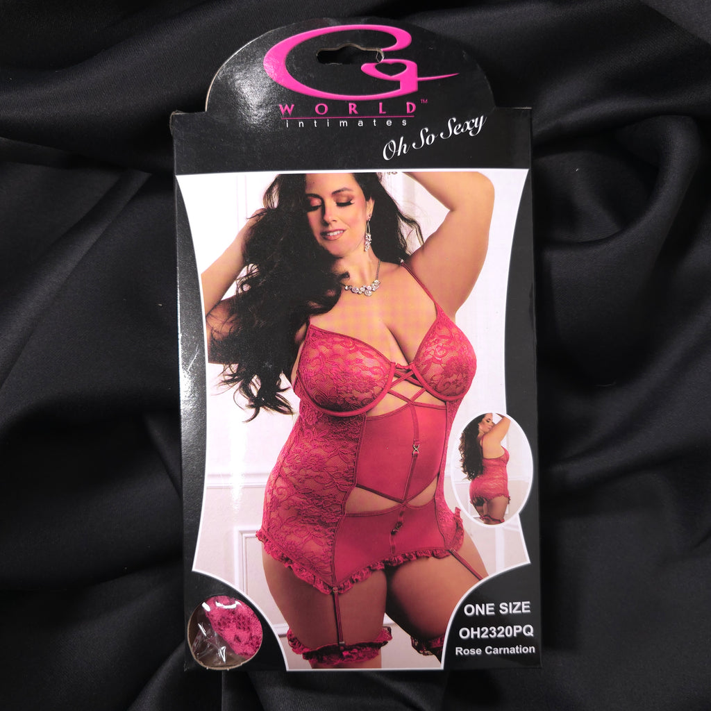 Rose Carnation 3-Piece Lace Garter Dress Set Open Back & Open Crotch