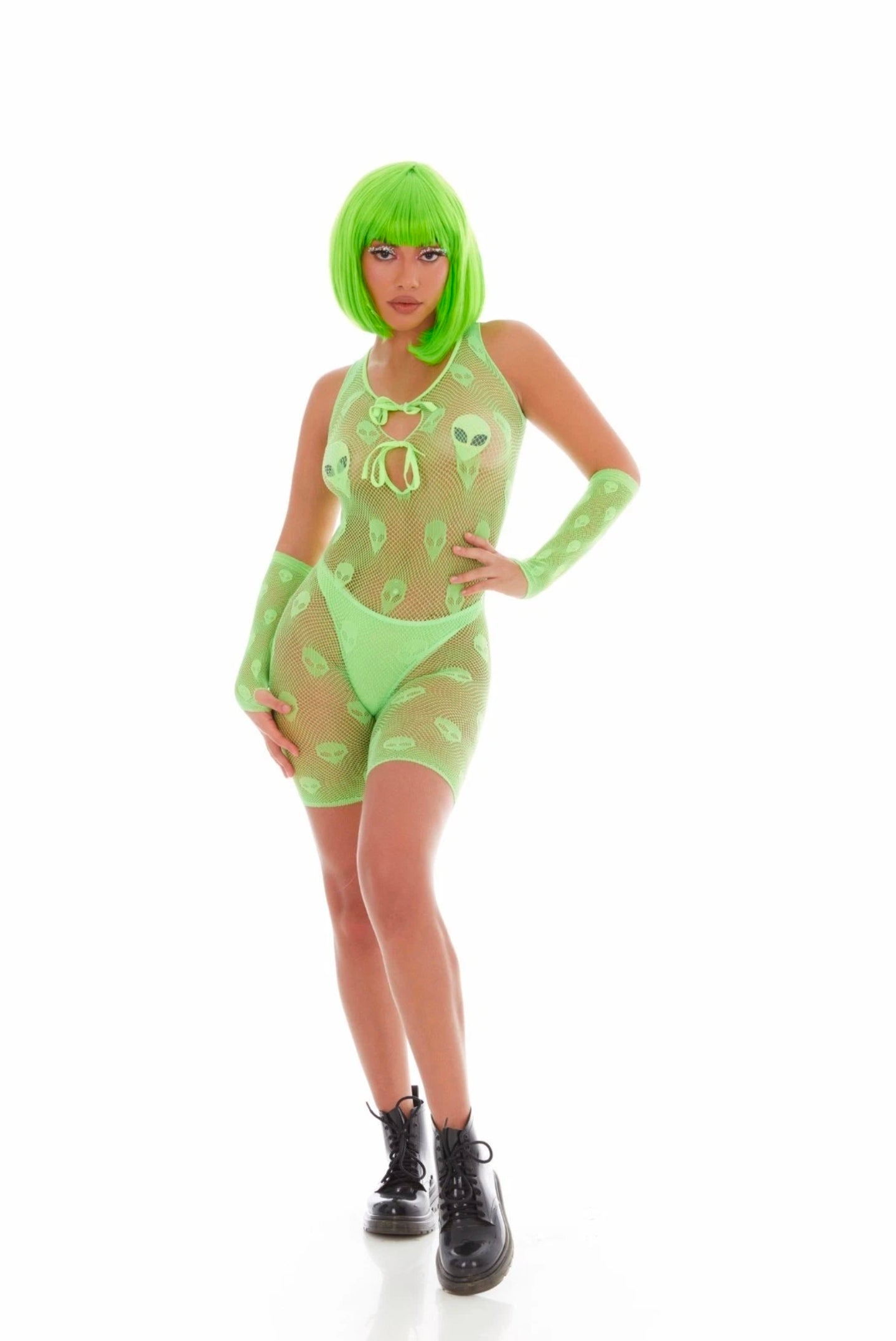 Neon Green 4-Piece Alien Mesh Bodysuit Set – Festival, Rave & Costume Wear