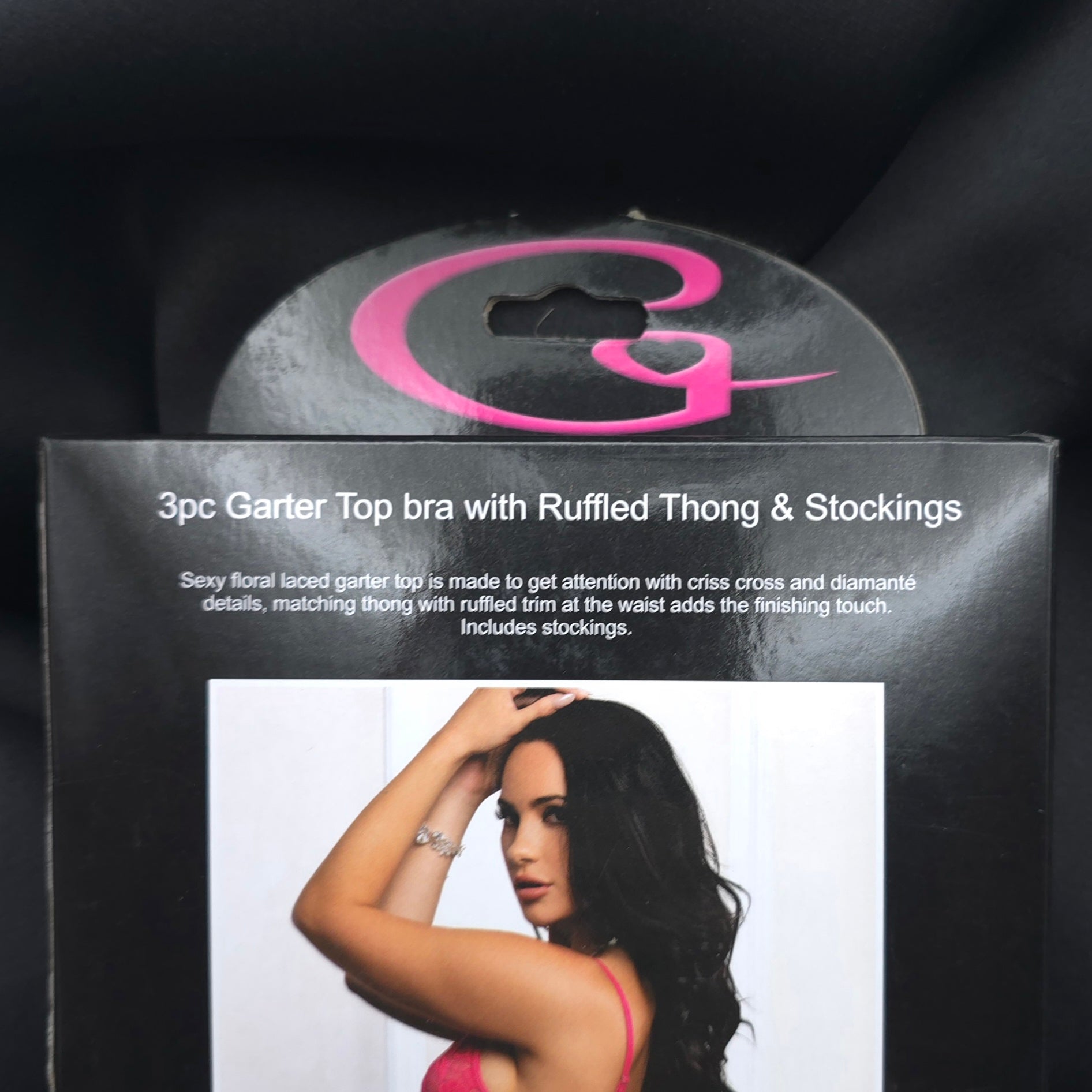 3pc Red Garter Top Lingerie Set  Ruffled Thong & Stockings