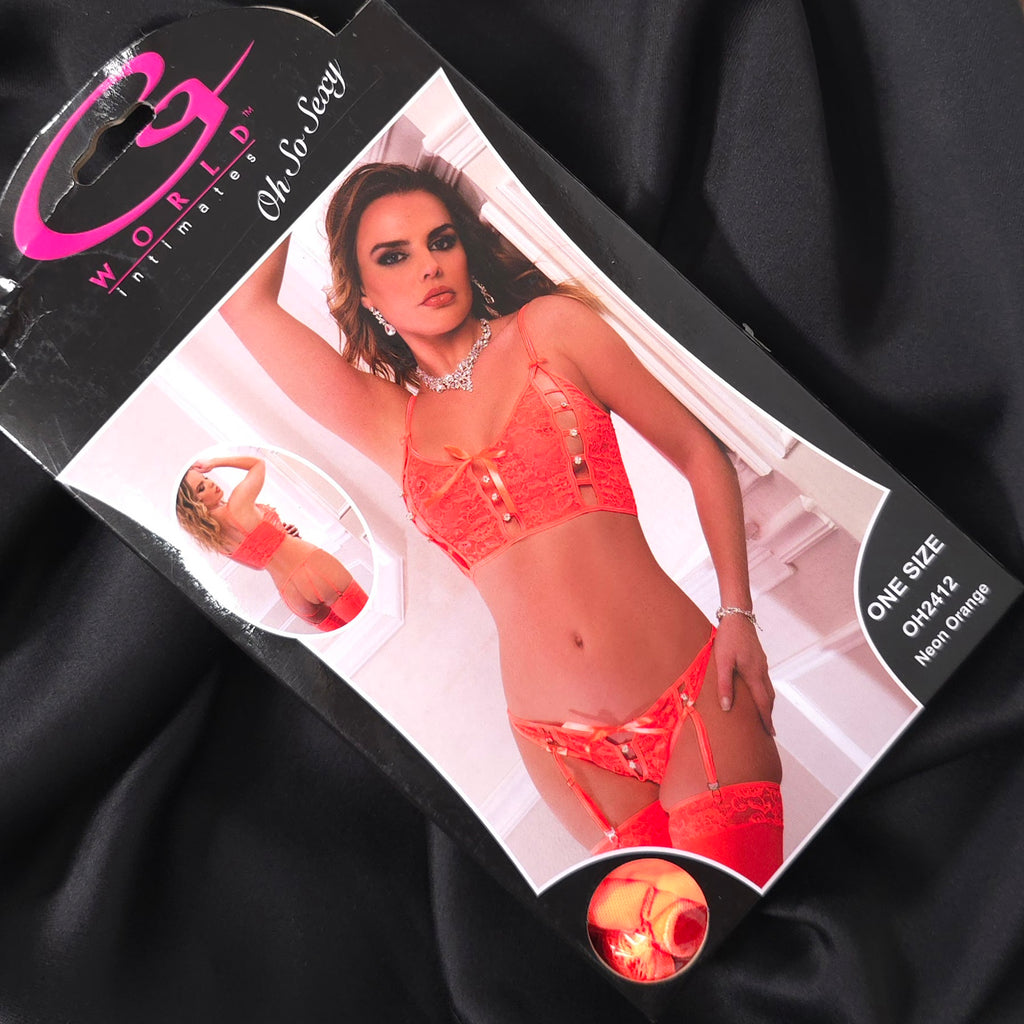 Neon Orange Lace Peek-A-Boo Bustier Set with Open-Crotch Garter Panty & Stockings