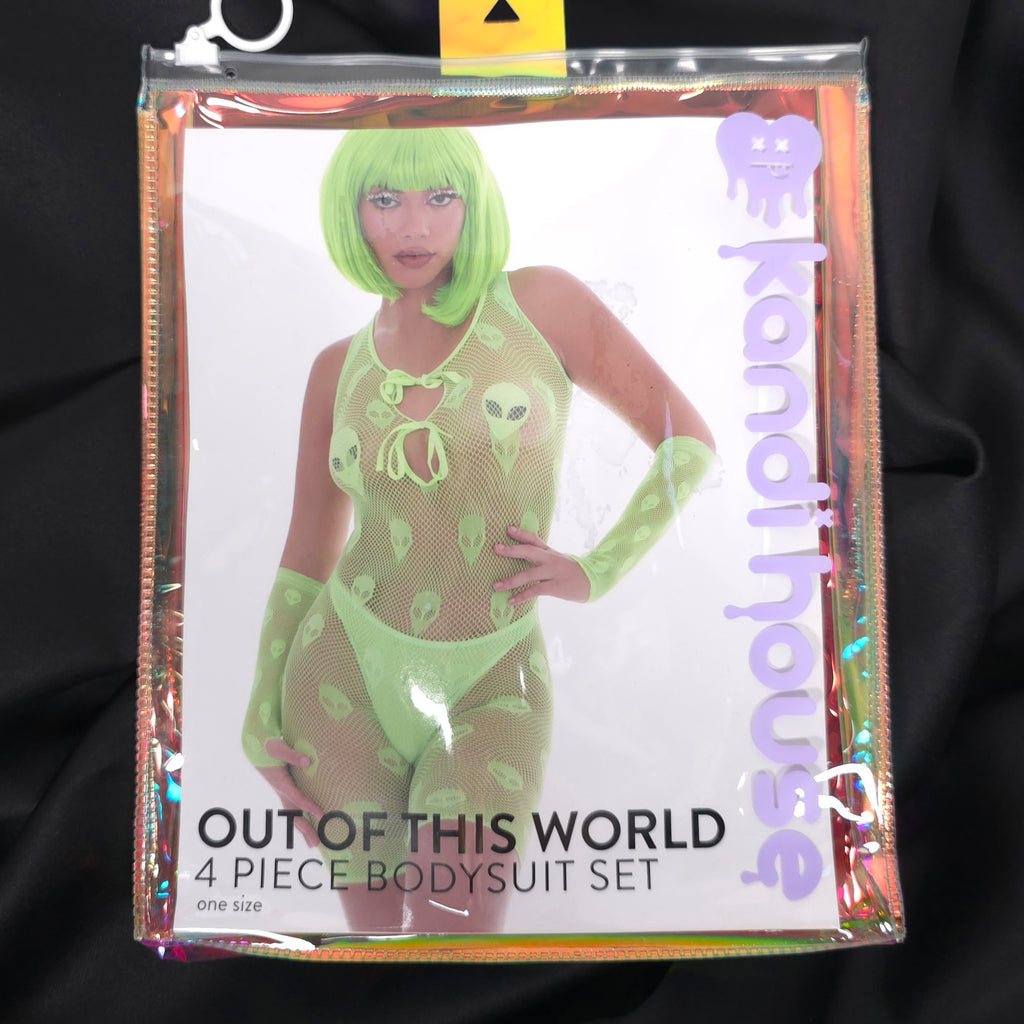 Neon Green 4-Piece Alien Mesh Bodysuit Set – Festival, Rave & Costume Wear