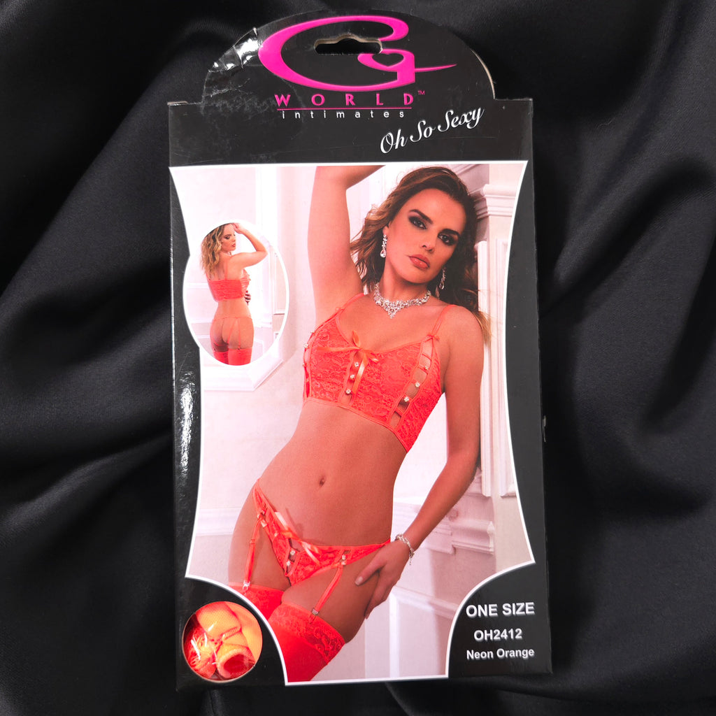 Neon Orange Lace Peek-A-Boo Bustier Set with Open-Crotch Garter Panty & Stockings