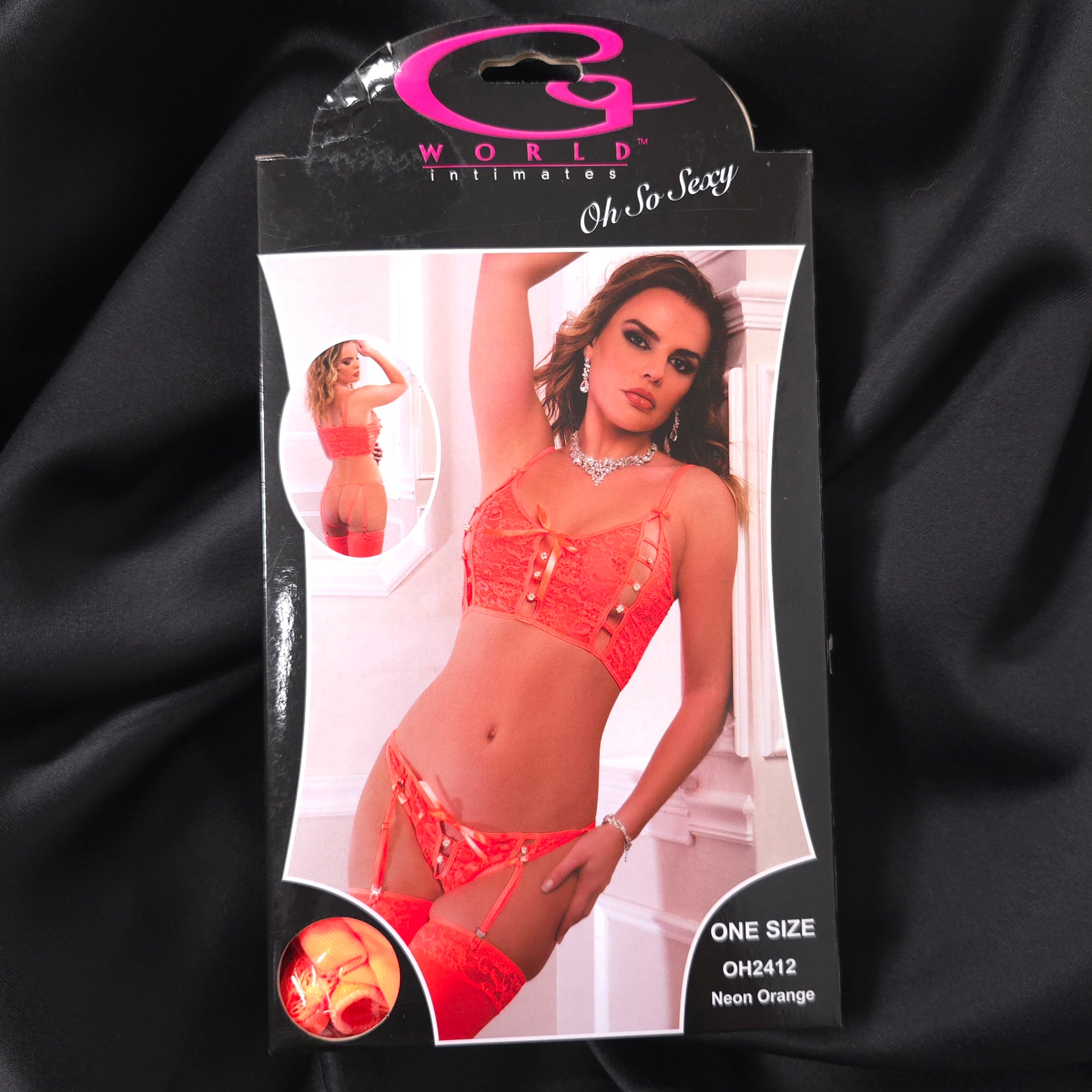 Neon Orange Lace Peek-A-Boo Bustier Set with Open-Crotch Garter Panty & Stockings