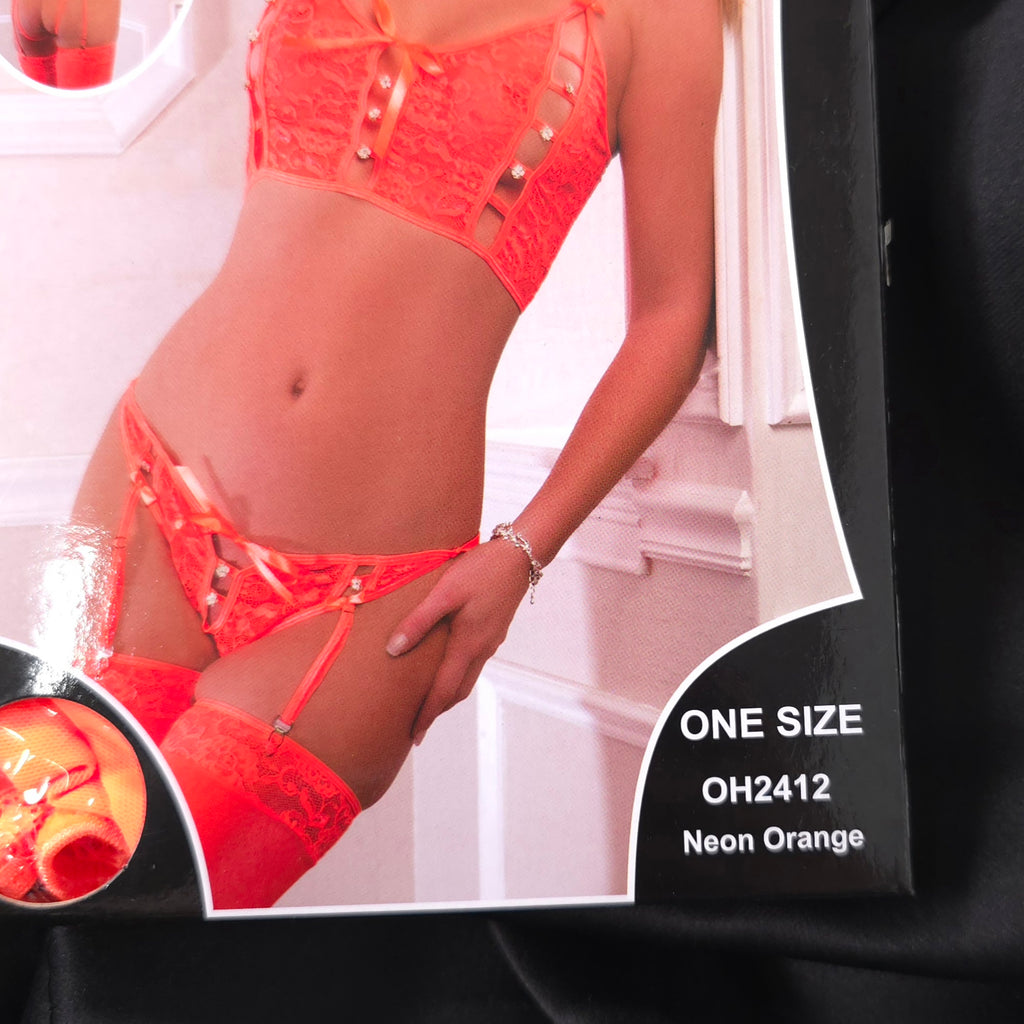 Neon Orange Lace Peek-A-Boo Bustier Set with Open-Crotch Garter Panty & Stockings