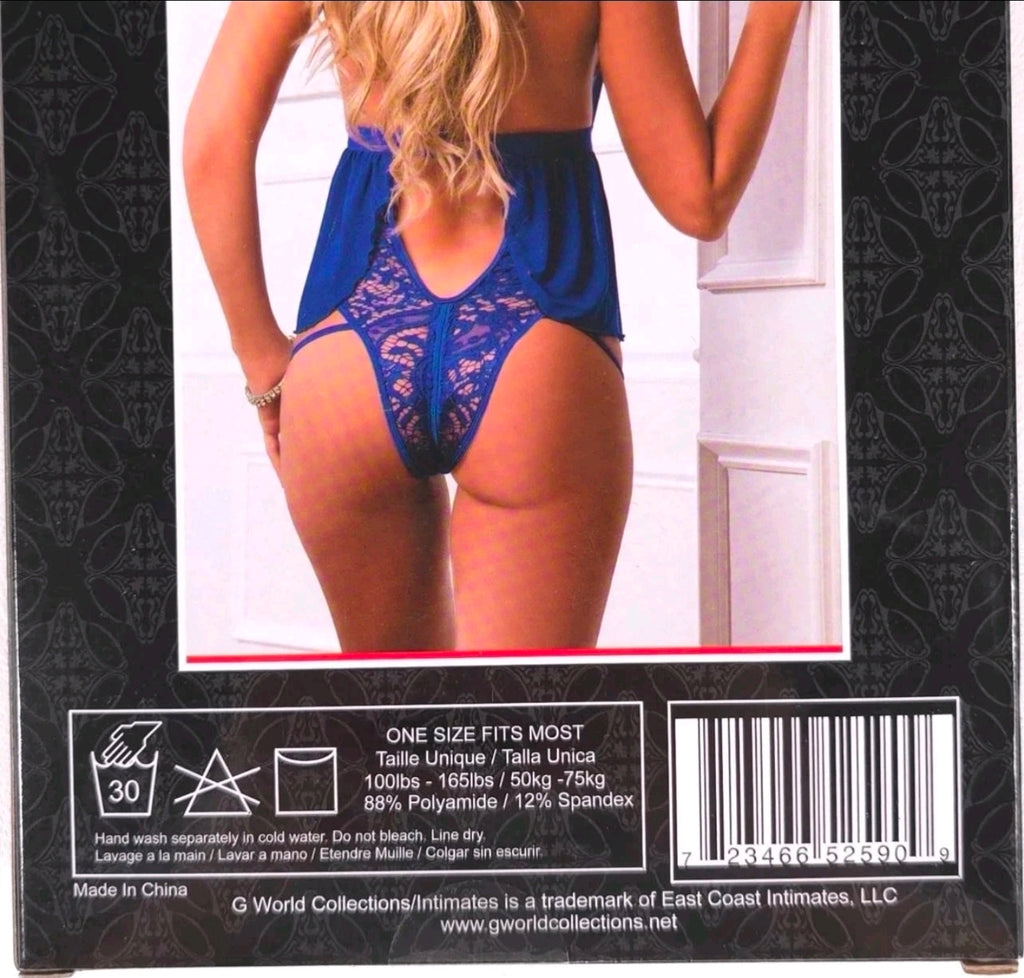 Blue Angel Sheer Mesh Lace Teddy Babydoll with Open Back & Zipper Crotch – O/S