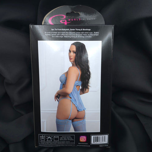 3pc Tie Front Babydoll Lingerie Set Garter Thong & Stockings