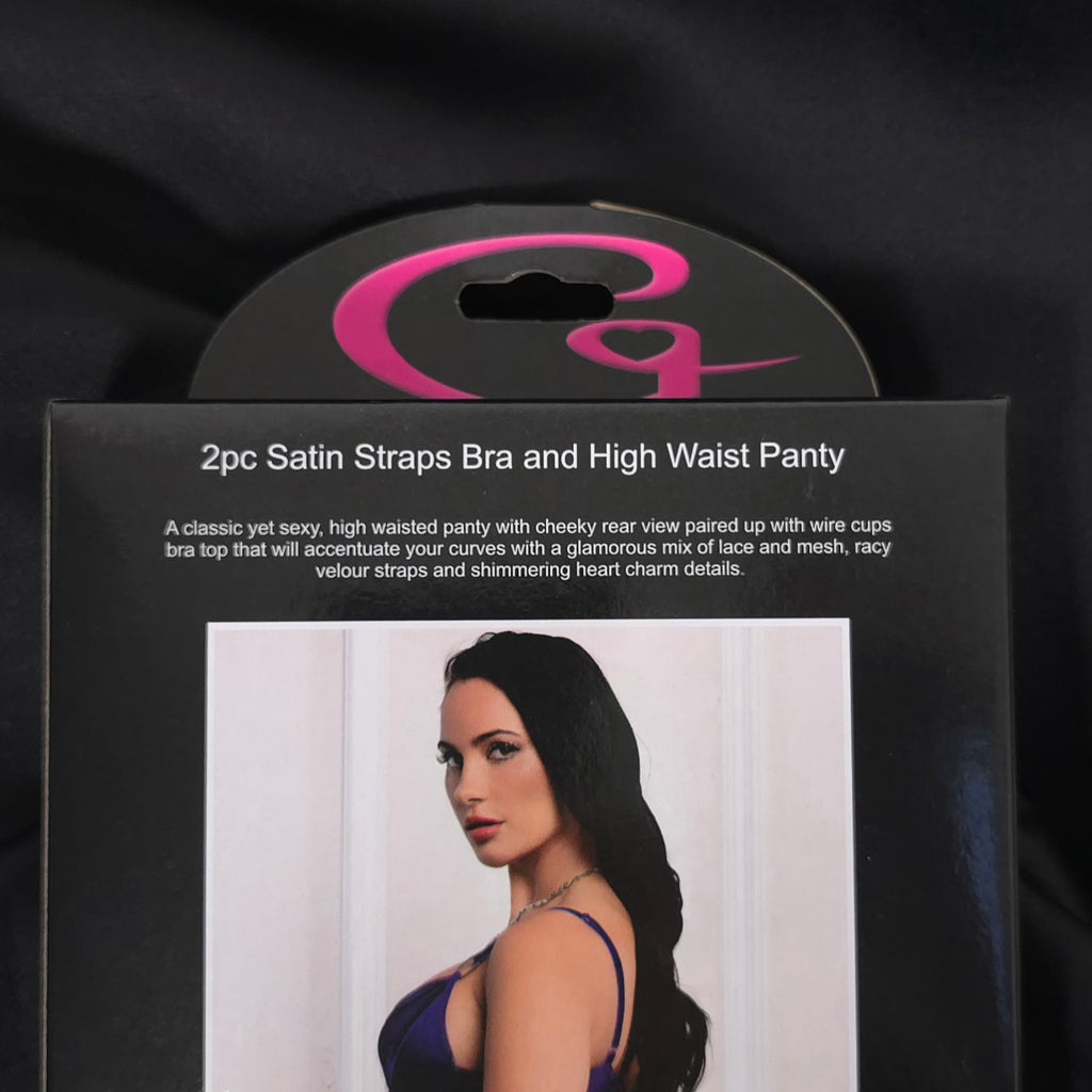 Royal Purple Satin Strappy Bra & High-Waist Panty Set – One Size