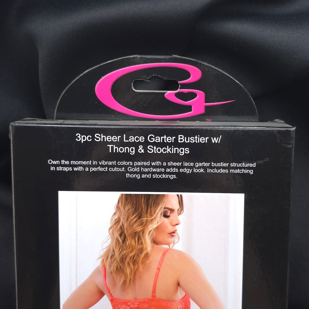 3pc Sheer Lace Garter Bustier Set  Bright Orange Lingerie, One Size