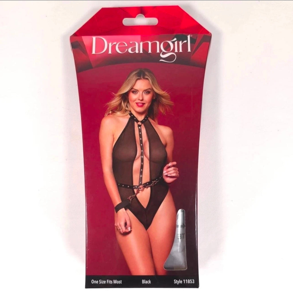 Black Mesh Studded Halter Teddy with Wrist Restraints – One Size