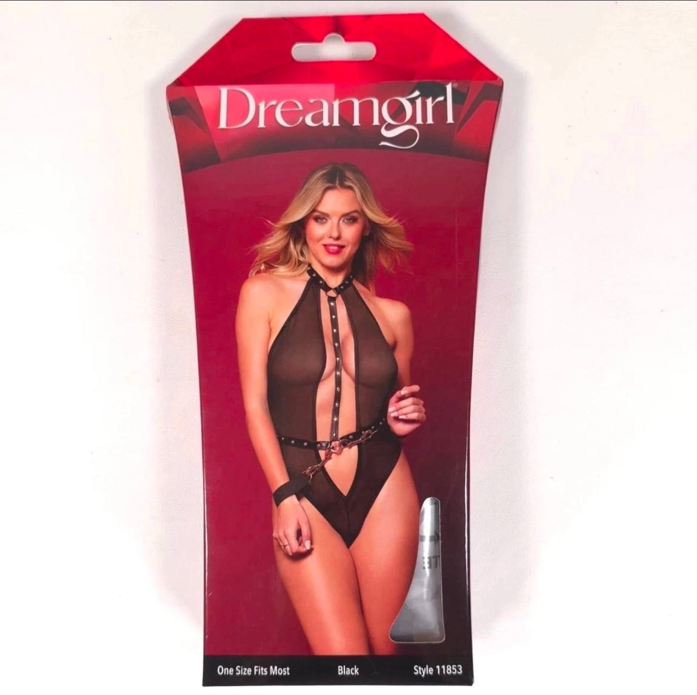 Black Mesh Studded Halter Teddy with Wrist Restraints – One Size