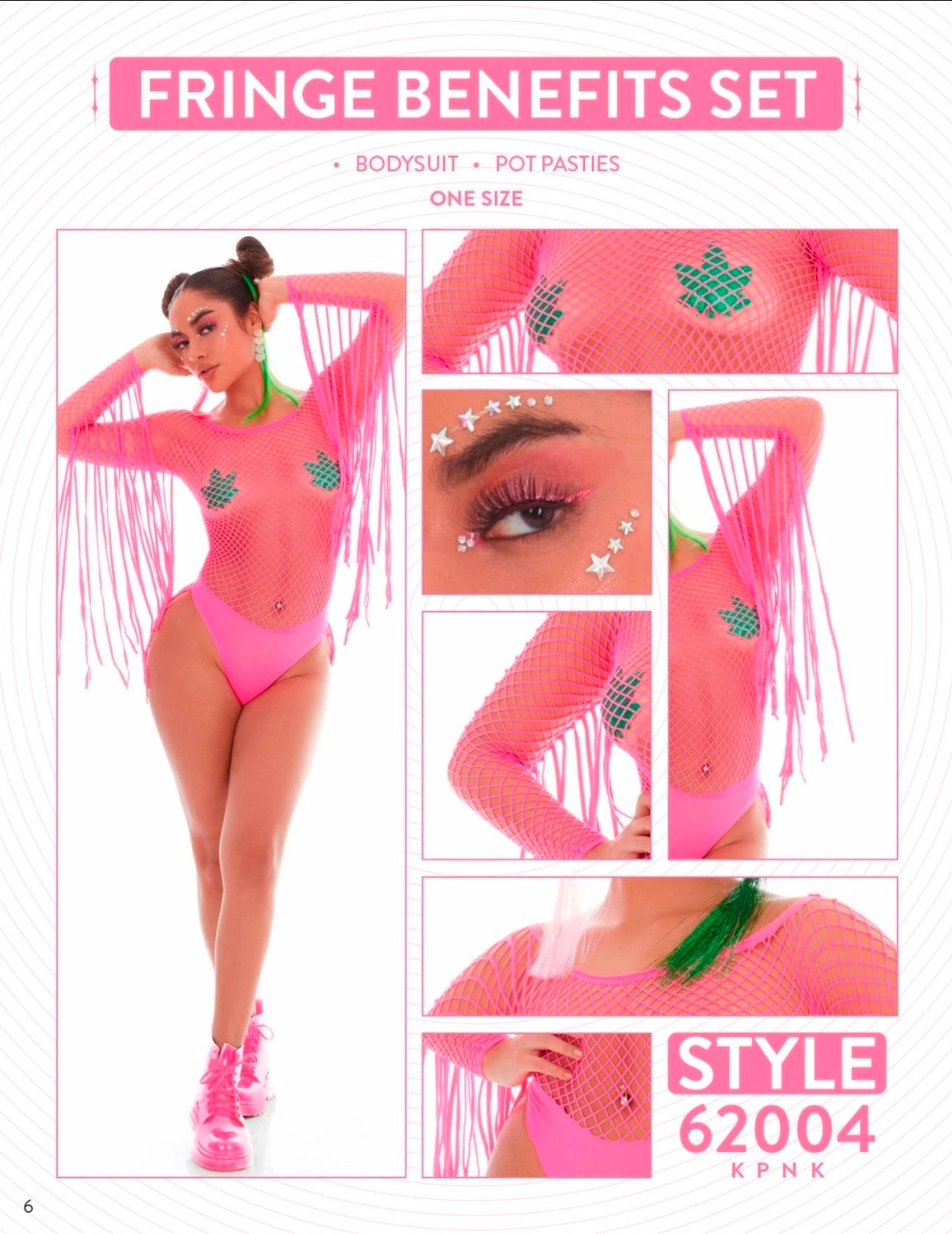 Fringe Benefits 2-Piece Set – Mesh Bodysuit + Pot Pasties, One Size, Pink