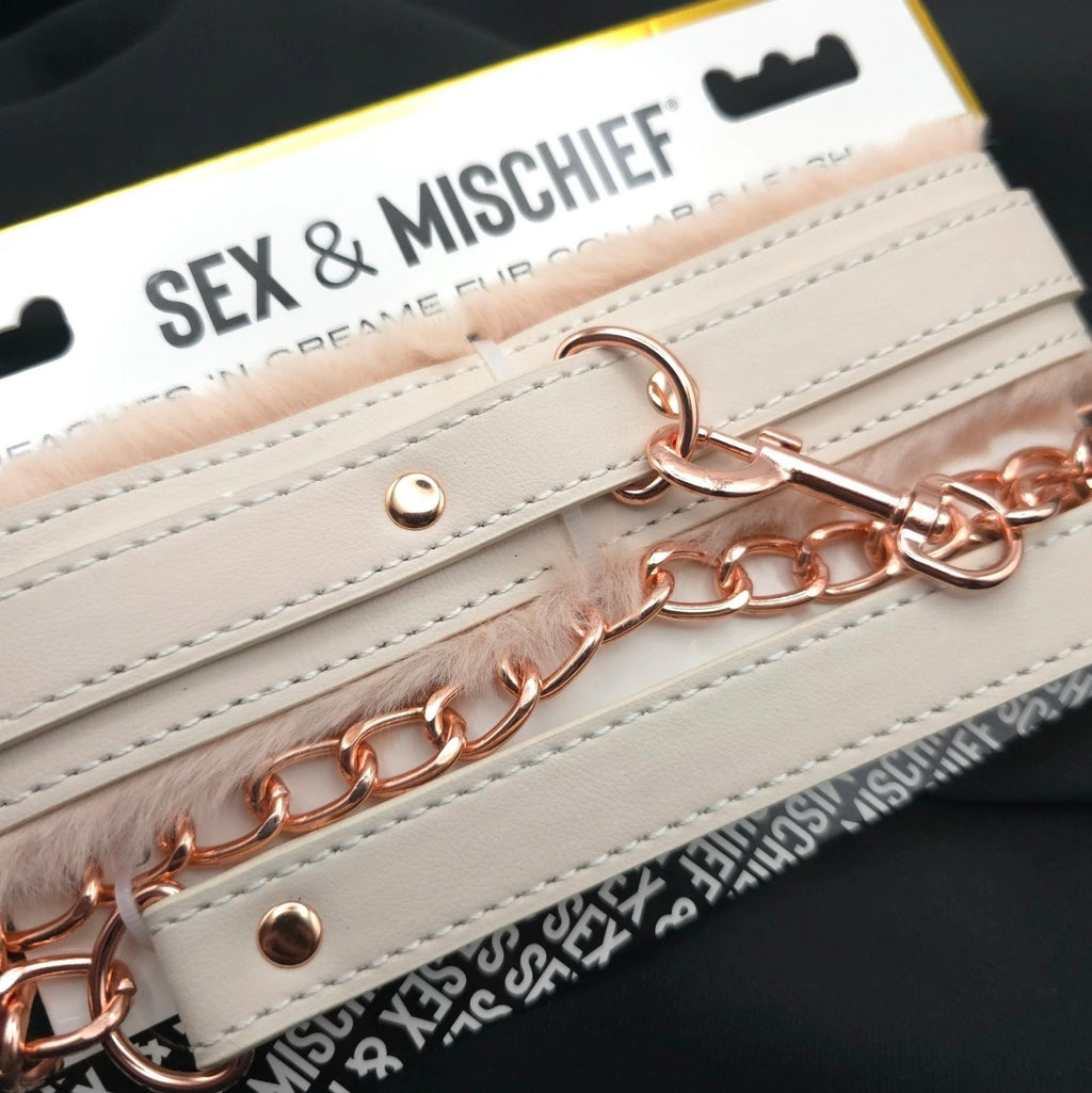 Sex & Mischief Peaches ’n Creme Fur Collar & Leash Rose Gold Faux Leather Set