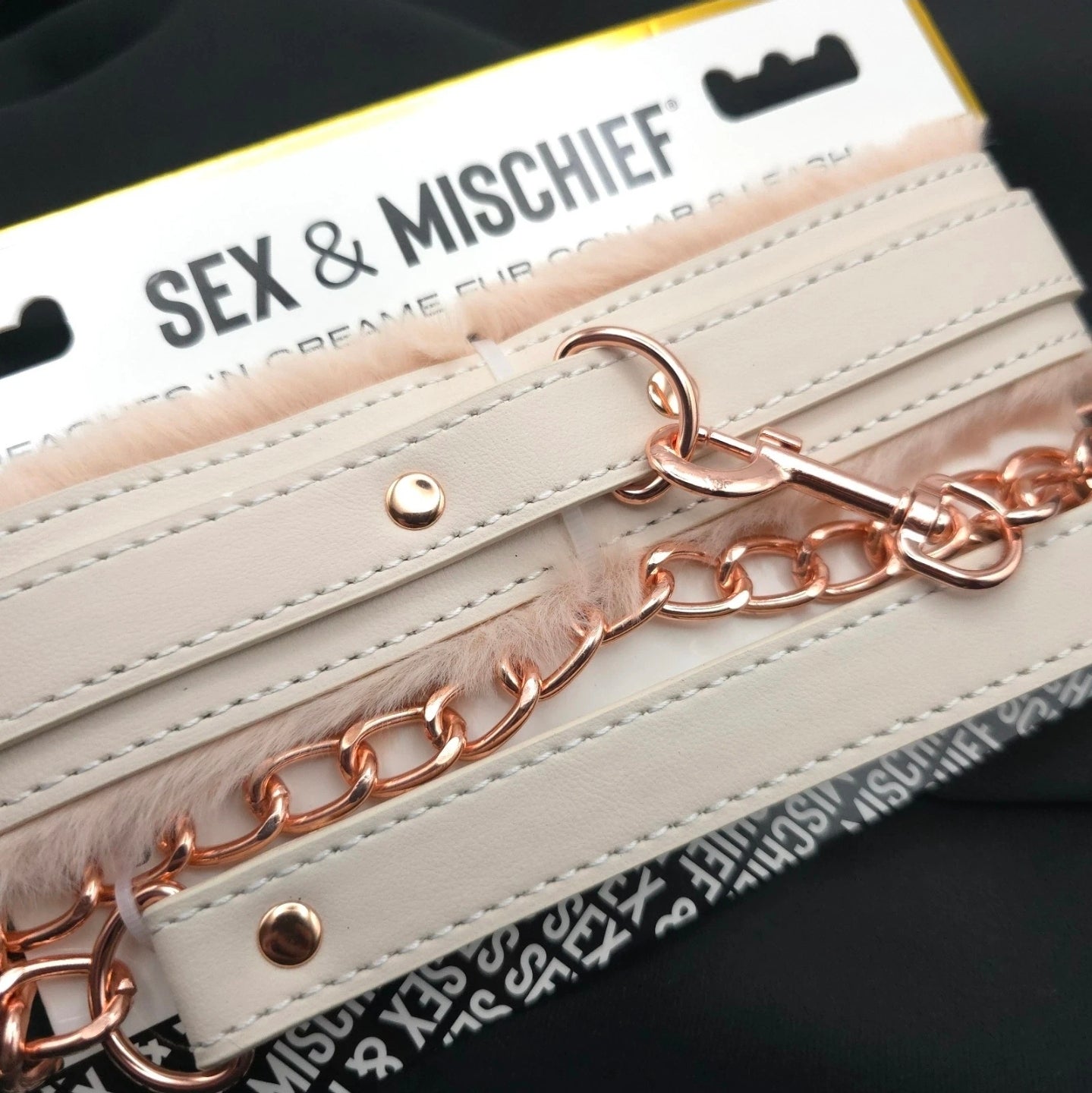 Sex & Mischief Peaches ’n Creme Fur Collar & Leash Rose Gold Faux Leather Set