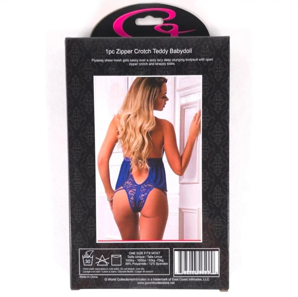 Blue Angel Sheer Mesh Lace Teddy Babydoll with Open Back & Zipper Crotch – O/S