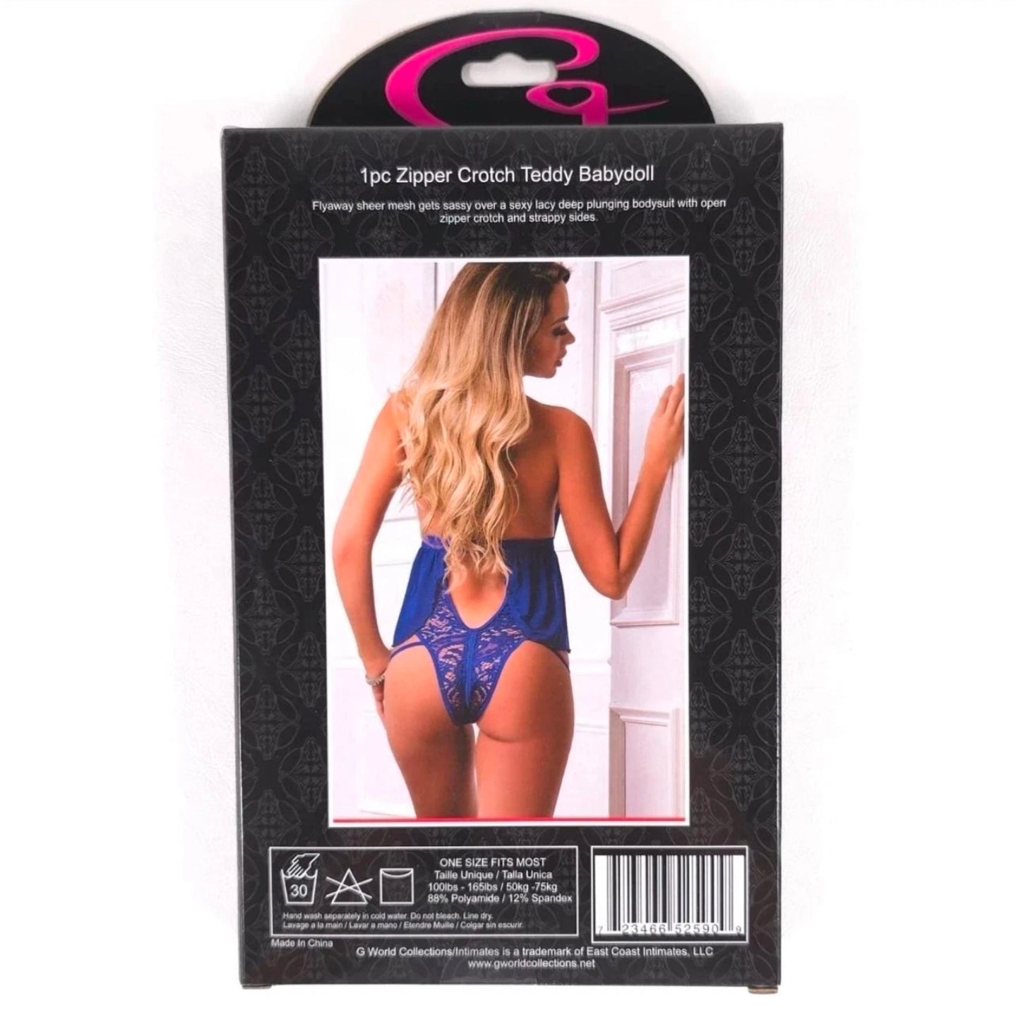 Blue Angel Sheer Mesh Lace Teddy Babydoll with Open Back & Zipper Crotch – O/S