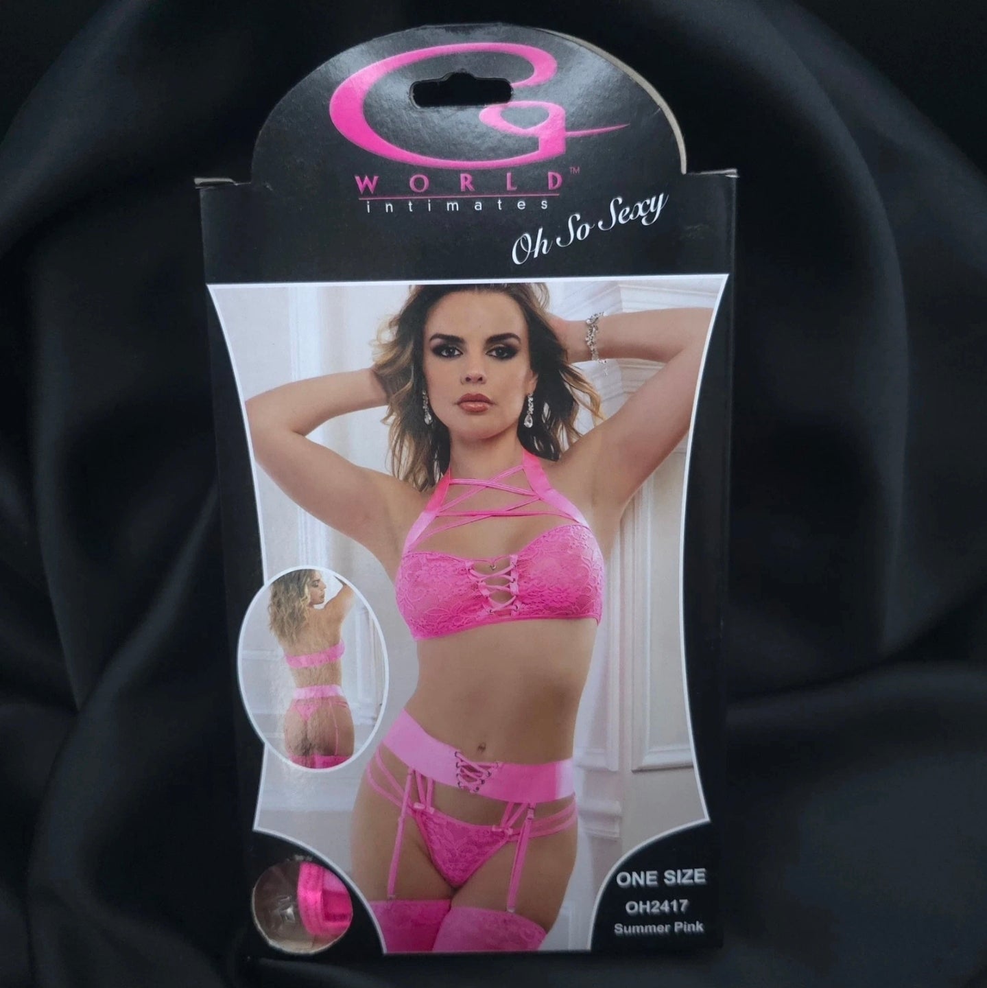 2pc Criss Cross Cage Bustier Set with High-Waist Garter Panty & Stockings – Pink