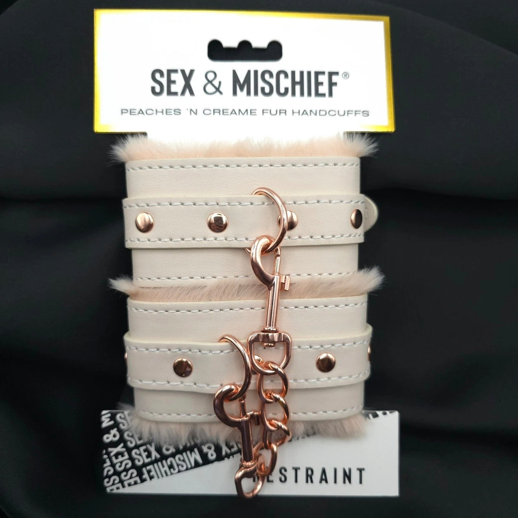 Sex & Mischief Peaches ’n Creme Fur Handcuffs Rose Gold Soft Faux Fur Restrain