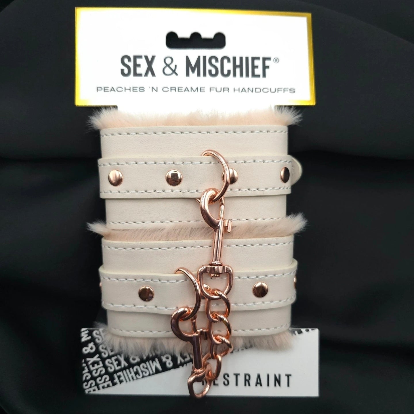 Sex & Mischief Peaches ’n Creme Fur Handcuffs Rose Gold Soft Faux Fur Restrain