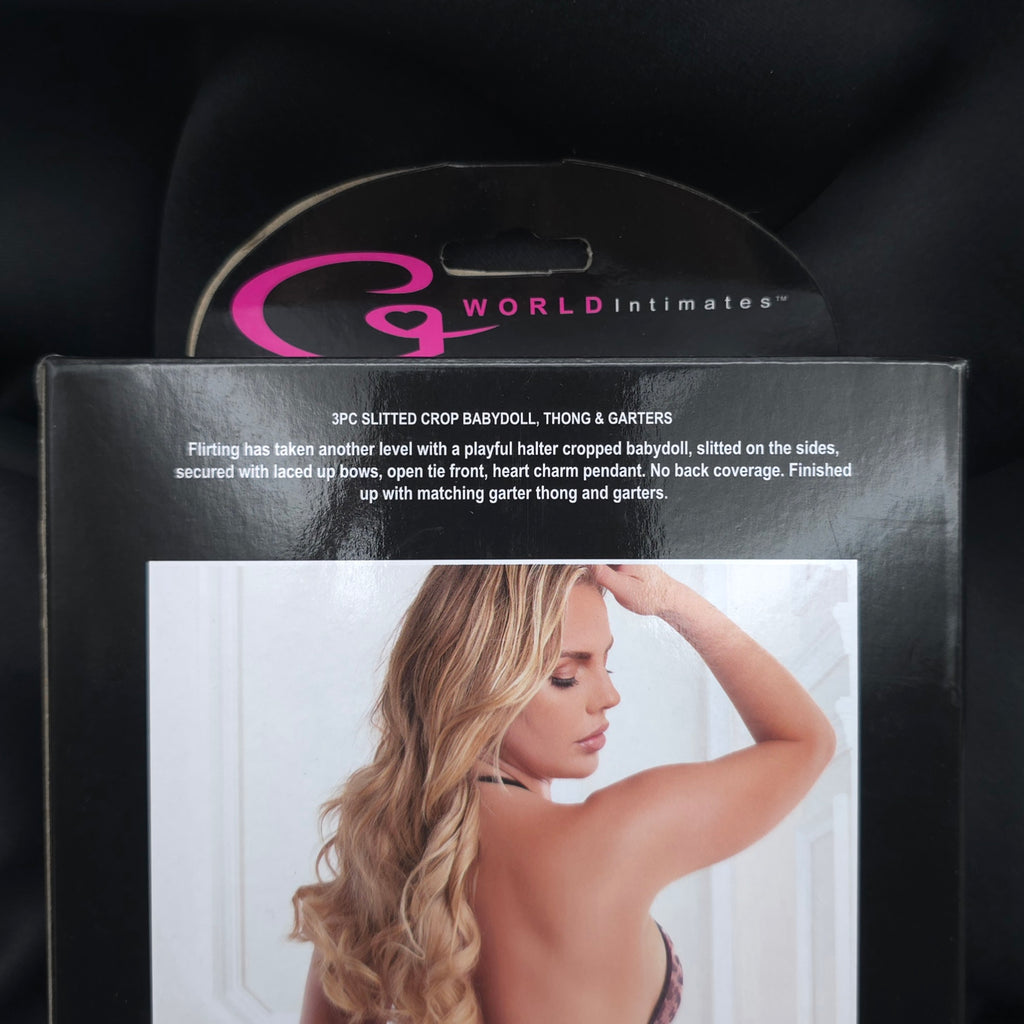 3pc Leopard Crop Babydoll Set Thong & Garters Lingerie