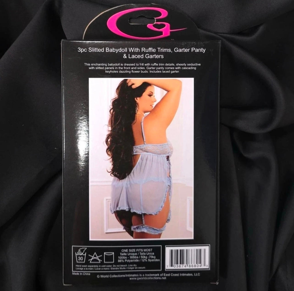 Sky Blue 3-Piece Slitted Babydoll Set with Ruffle Trims, Garter Panty & Garters