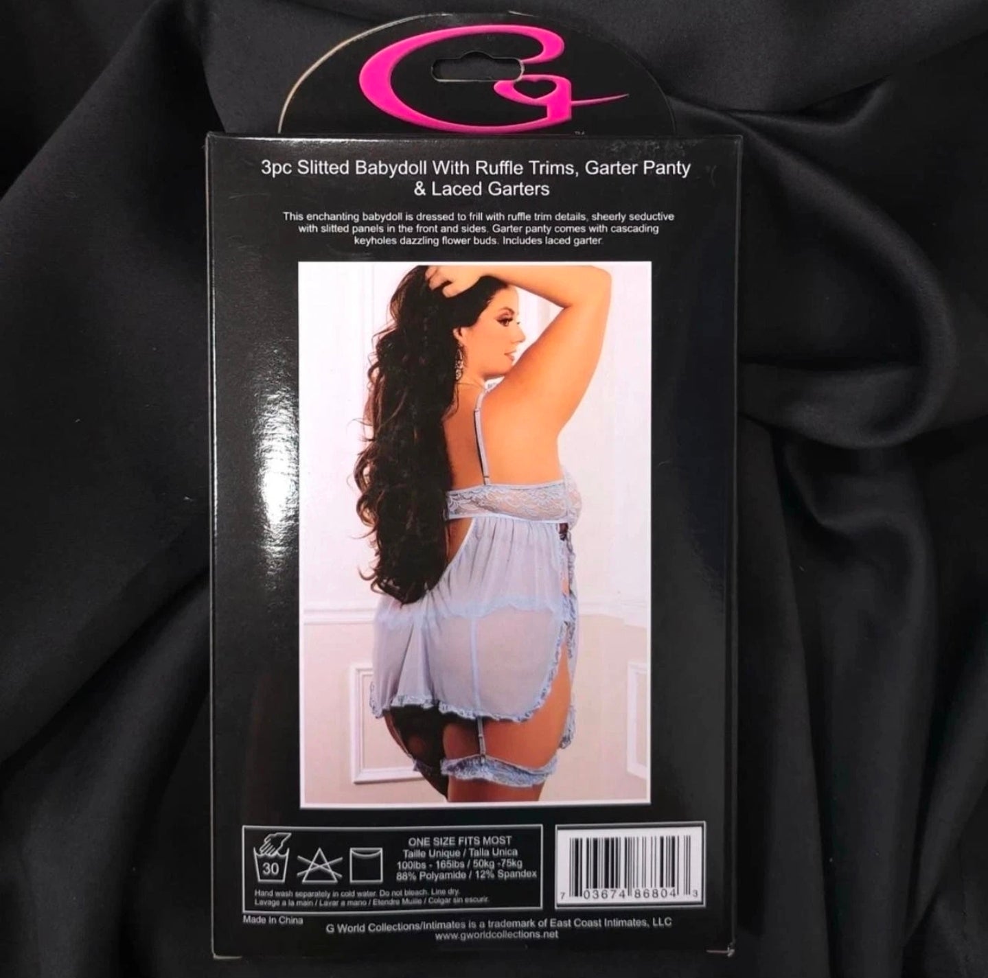 Sky Blue 3-Piece Slitted Babydoll Set with Ruffle Trims, Garter Panty & Garters