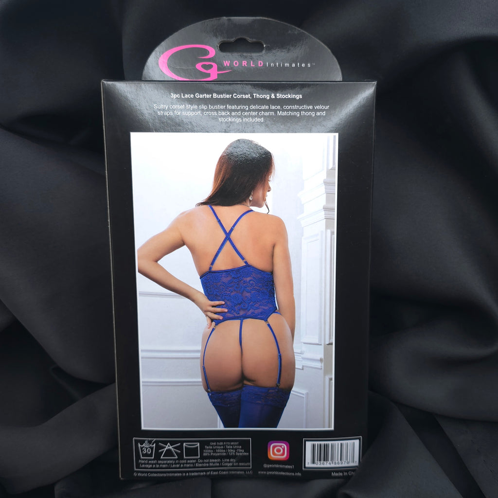 Princess Blue 3-Piece Lace Garter Bustier Set – Corset, Thong & Stockings | Sexy Lingerie for Women