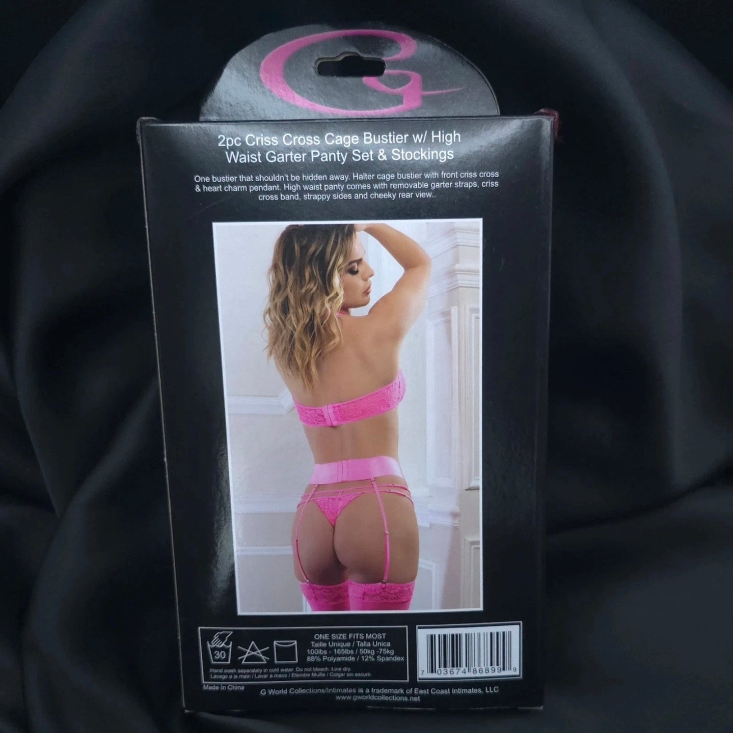 2pc Criss Cross Cage Bustier Set with High-Waist Garter Panty & Stockings – Pink