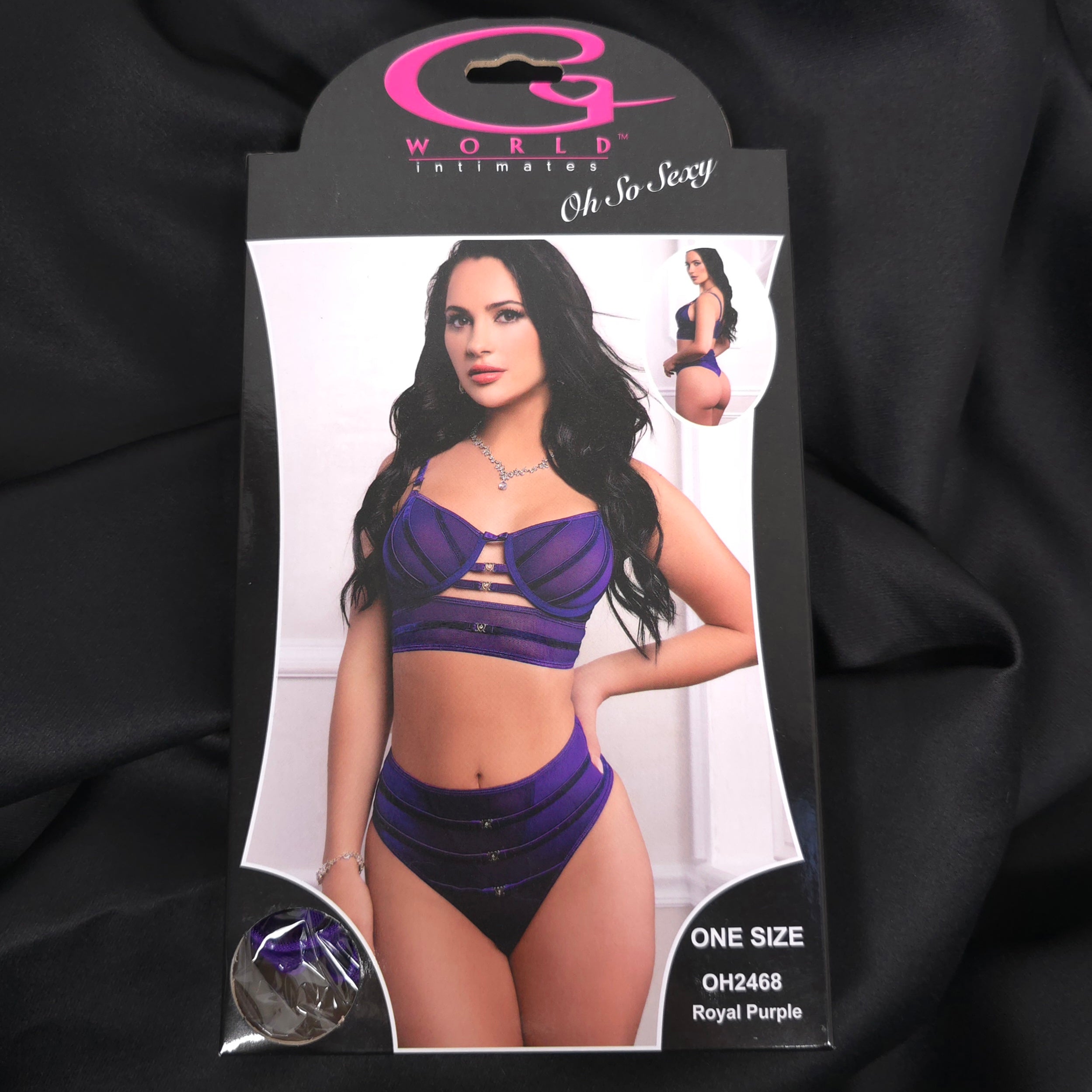 Royal Purple Satin Strappy Bra & High-Waist Panty Set – One Size