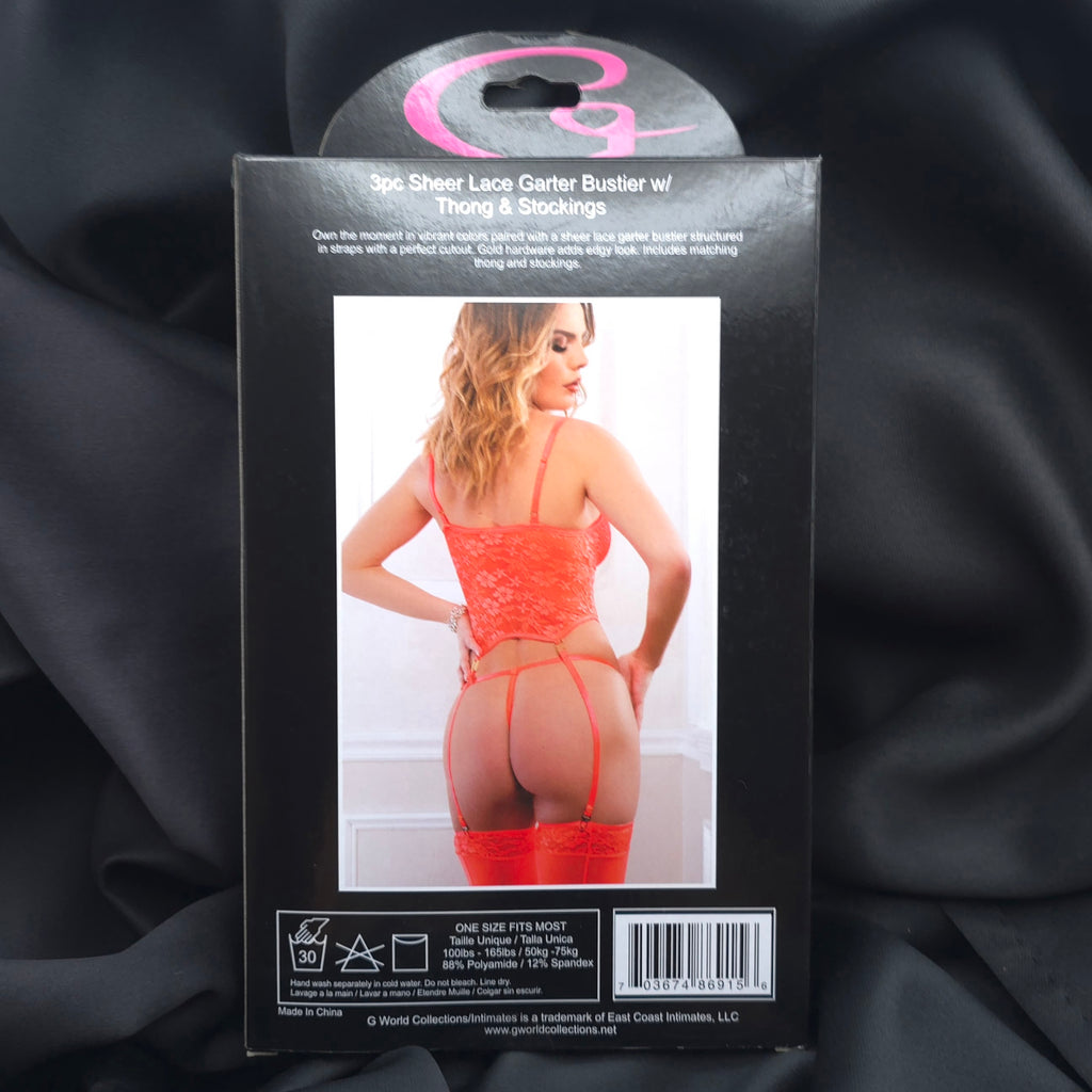 3pc Sheer Lace Garter Bustier Set  Bright Orange Lingerie, One Size