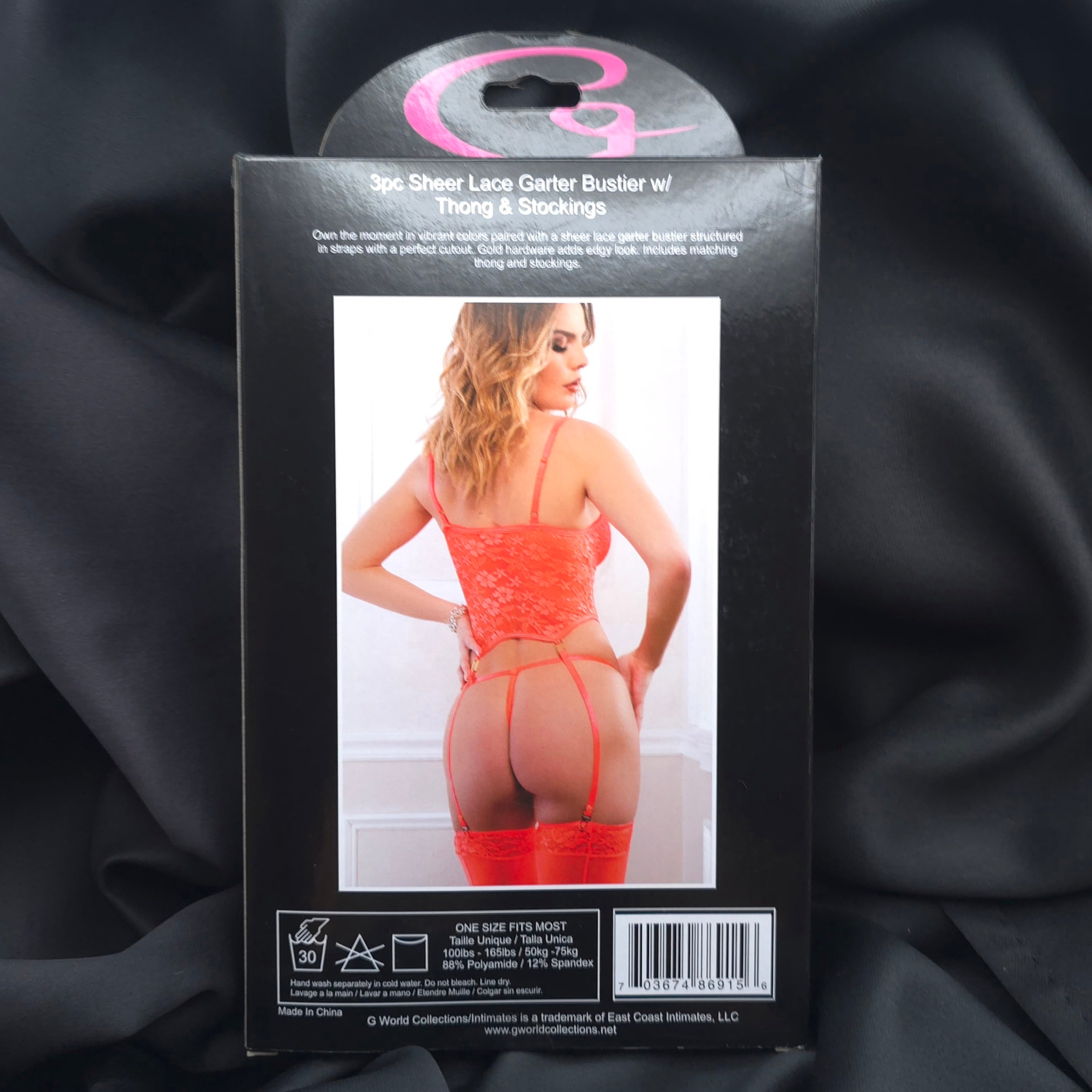 3pc Sheer Lace Garter Bustier Set  Bright Orange Lingerie, One Size