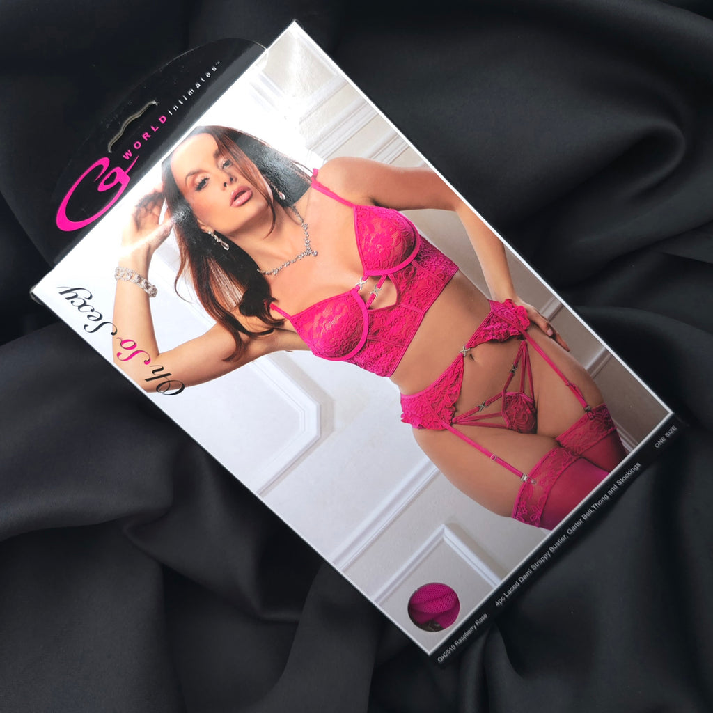 4pc Hot Pink Lace Strappy Bustier Set w/ Garter Belt, Thong & Stockings