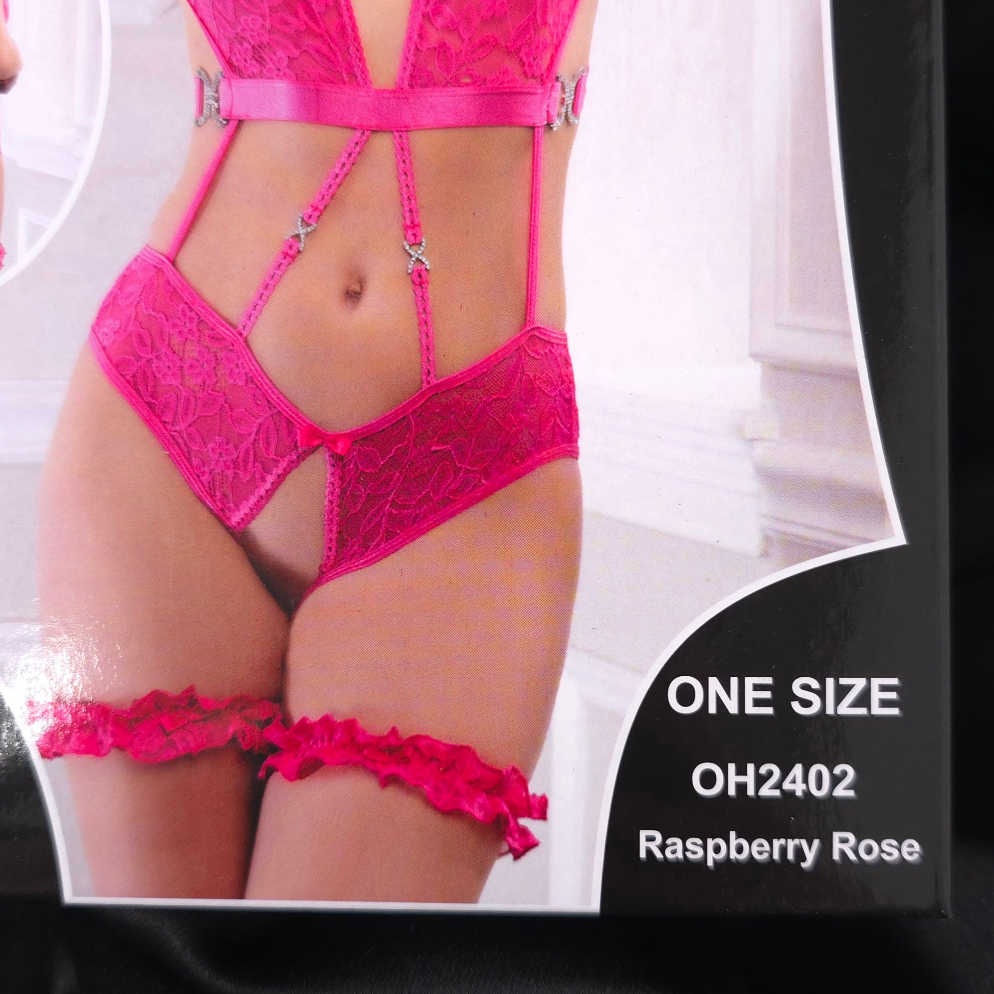 Raspberry Rose 2-Piece Open Crotch Lace Teddy with Criss-Cross Back & Garters