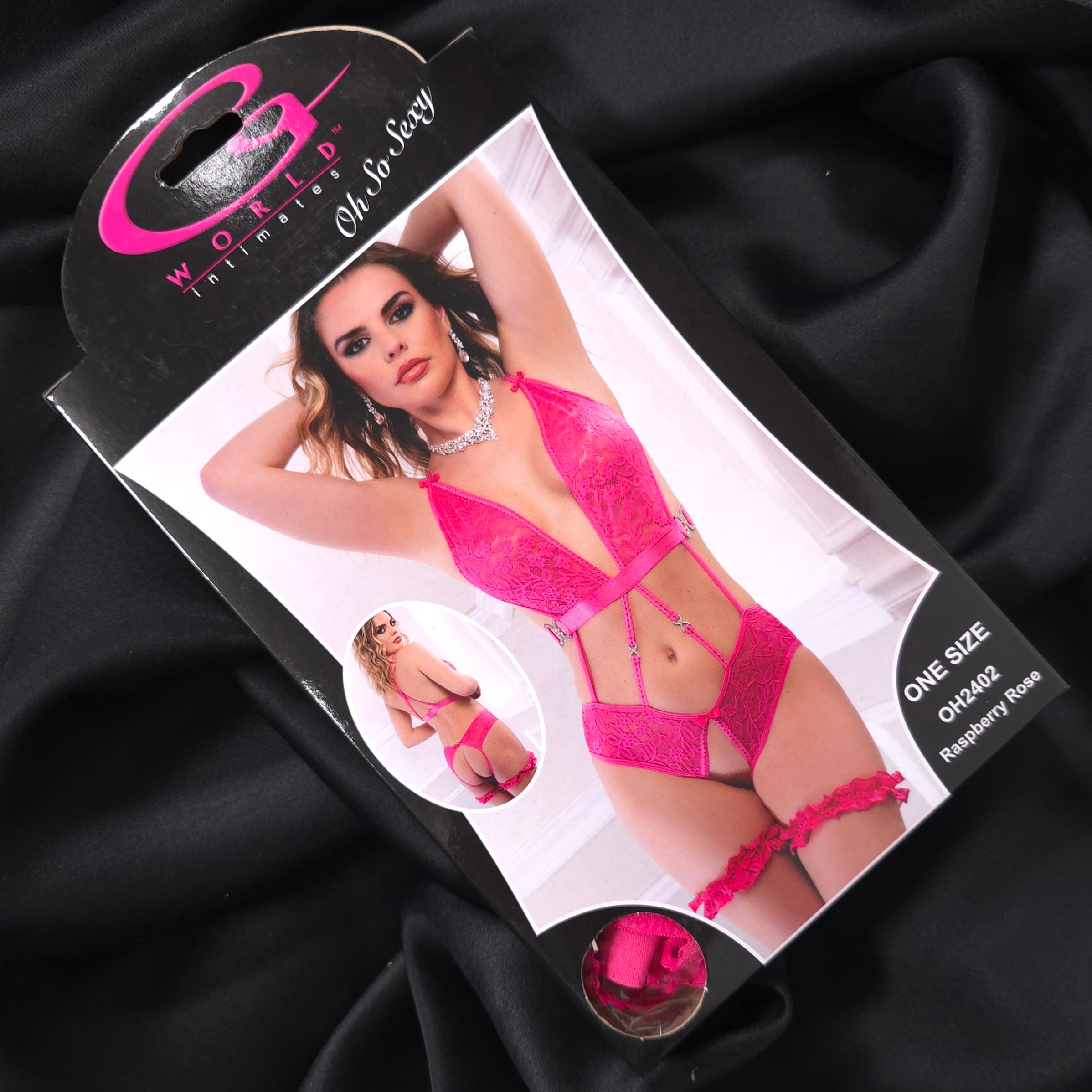Raspberry Rose 2-Piece Open Crotch Lace Teddy with Criss-Cross Back & Garters
