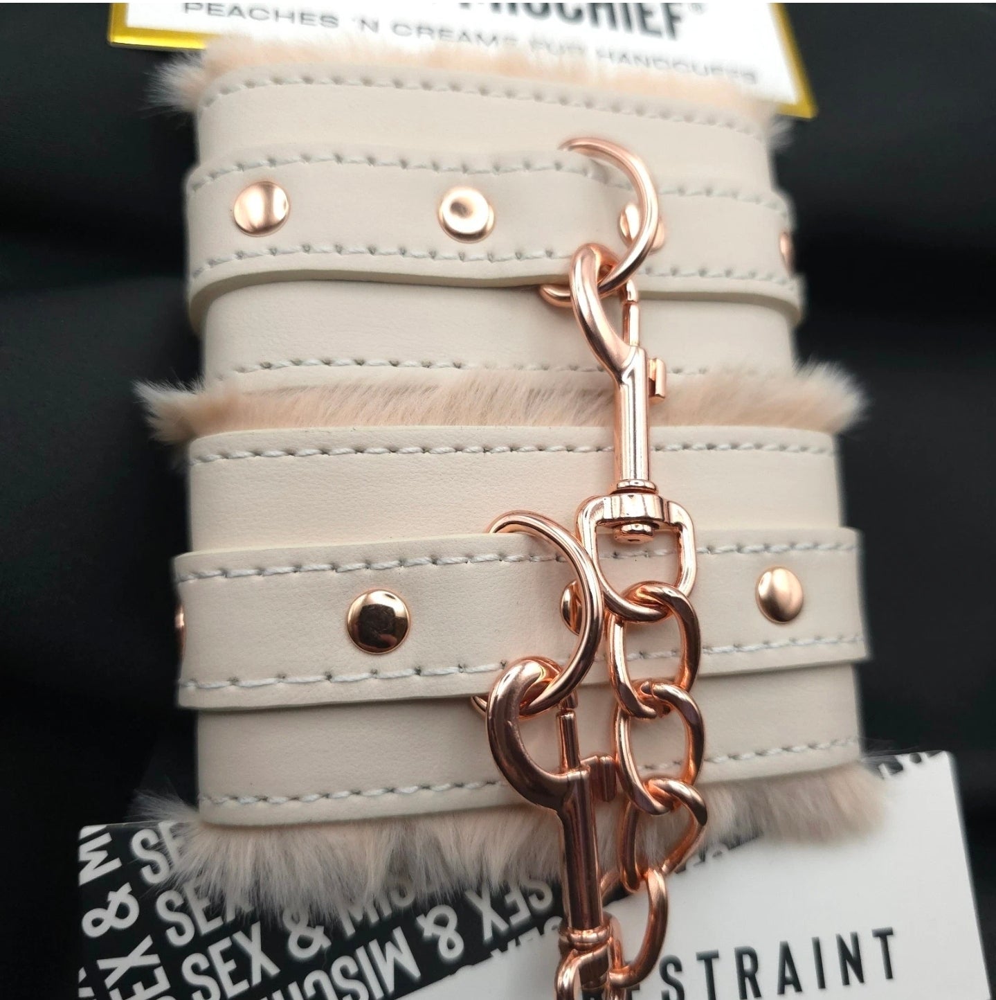 Sex & Mischief Peaches ’n Creme Fur Handcuffs Rose Gold Soft Faux Fur Restrain