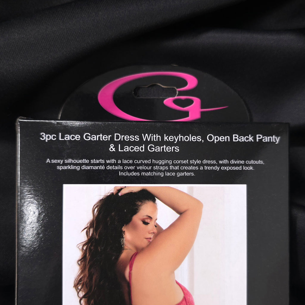 Rose Carnation 3-Piece Lace Garter Dress Set Open Back & Open Crotch