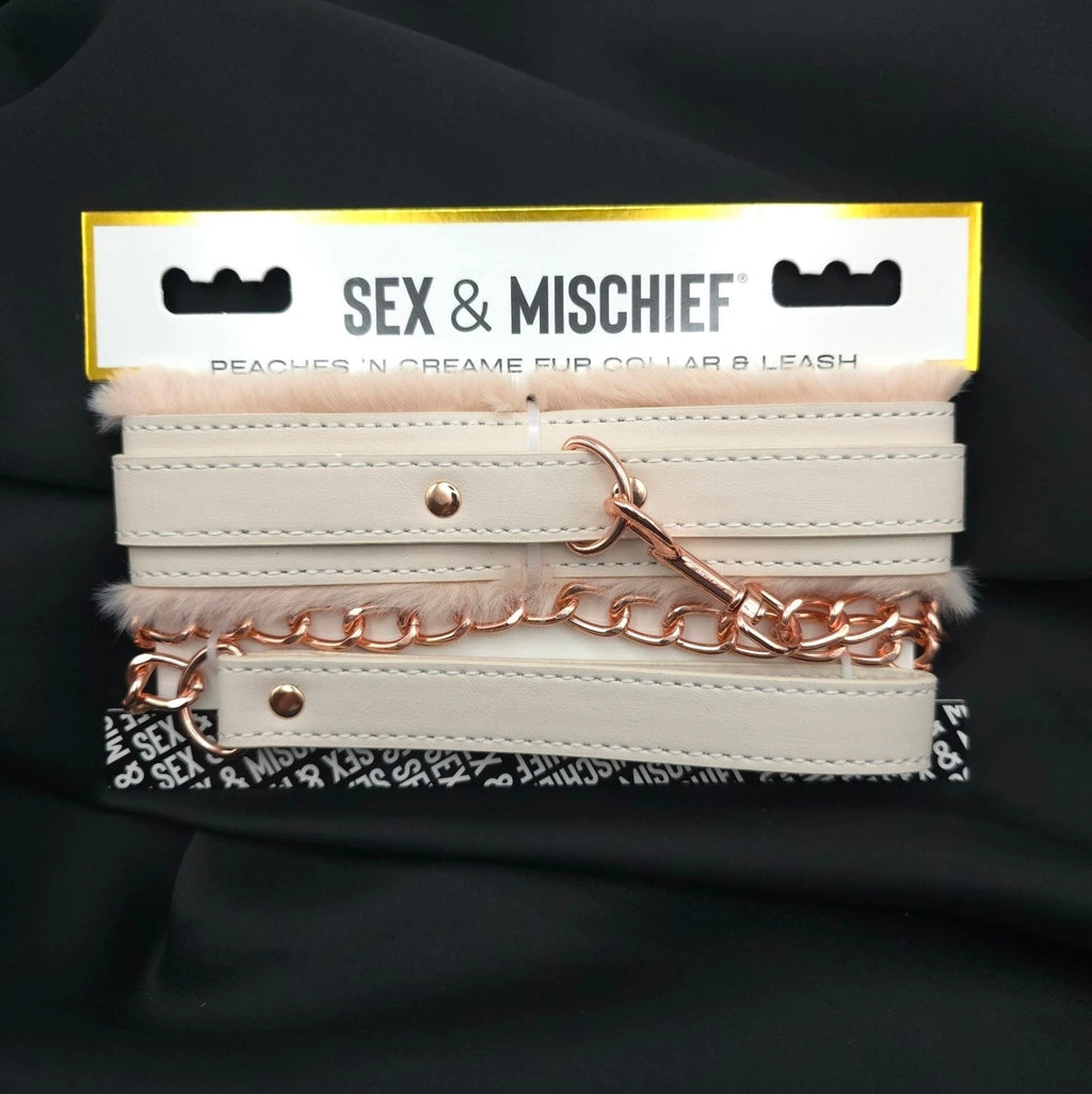 Sex & Mischief Peaches ’n Creme Fur Collar & Leash Rose Gold Faux Leather Set