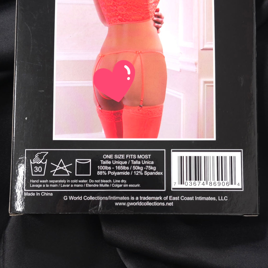 Neon Orange Lace Peek-A-Boo Bustier Set with Open-Crotch Garter Panty & Stockings