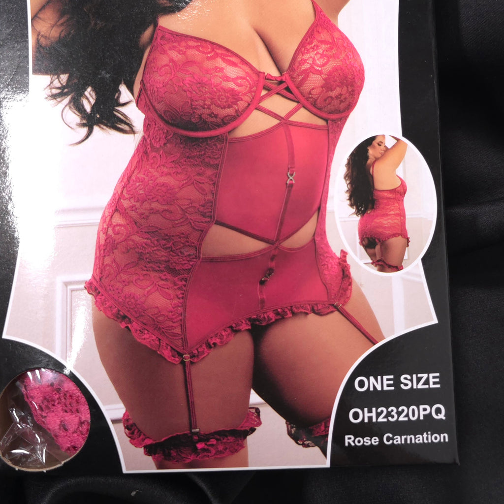 Rose Carnation 3-Piece Lace Garter Dress Set Open Back & Open Crotch